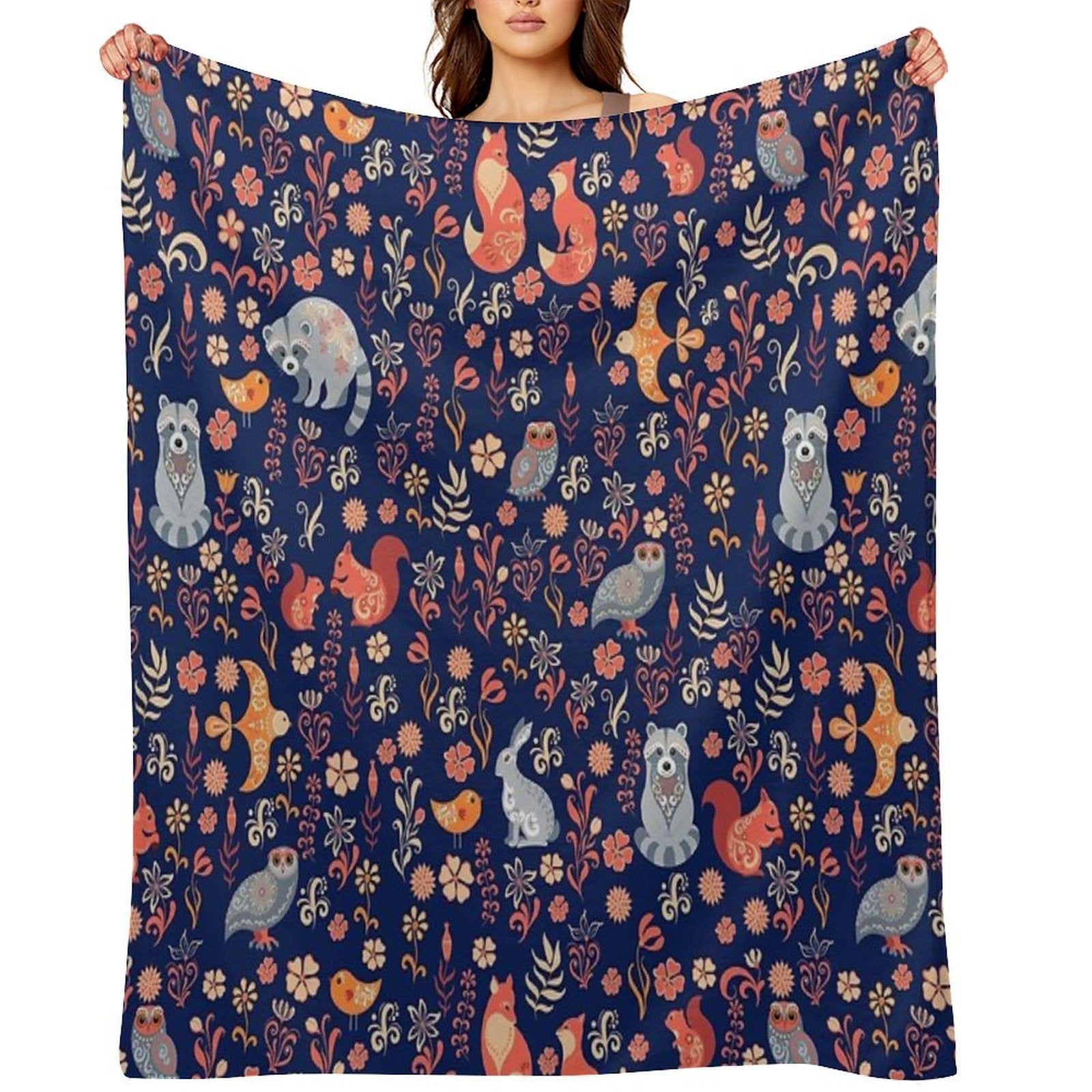 Fairy-tale Forest. Fox, Bear, Raccoon, Owls, Rabbits, Flowers And Herbs on A White Background. Seamless Pattern. Wrinkle-free Throw Blanket