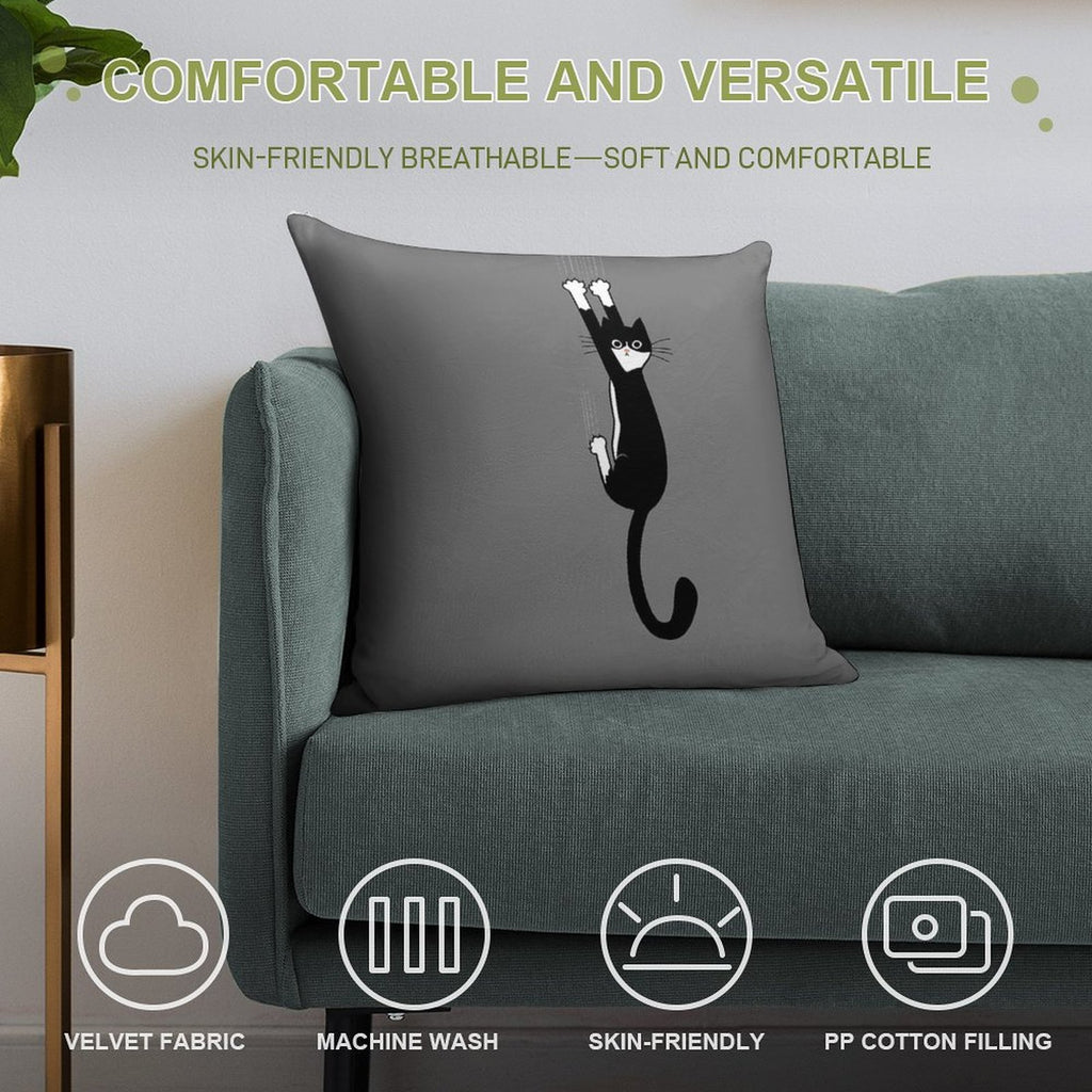 Black And White Cat Hanging On  Funny Tuxedo Cat Soft Luxury Feel Throw Pillow