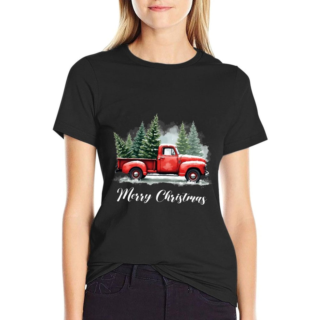 Vintage Wagon Merry Christmas Tree on Car Xmas Red Truck  Oversized Silhouette T-Shirt