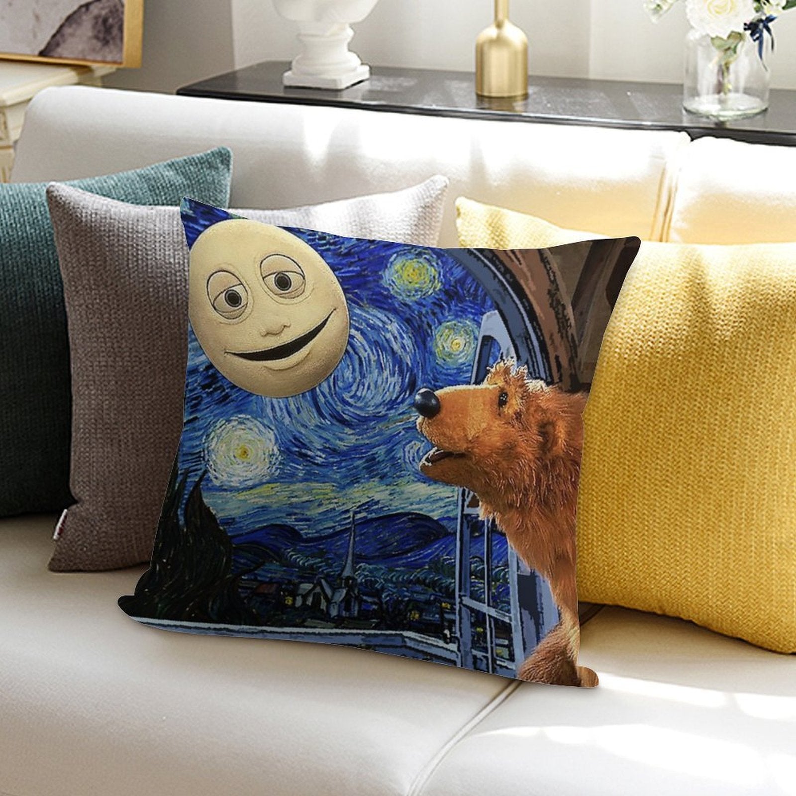 Bear in The Big Blue House with Starry Night Soft Easy Maintenance Throw Pillow
