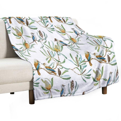 Australian Kookaburras, Waratah Flowers,  Leaves Pattern Plush Throw Blanket