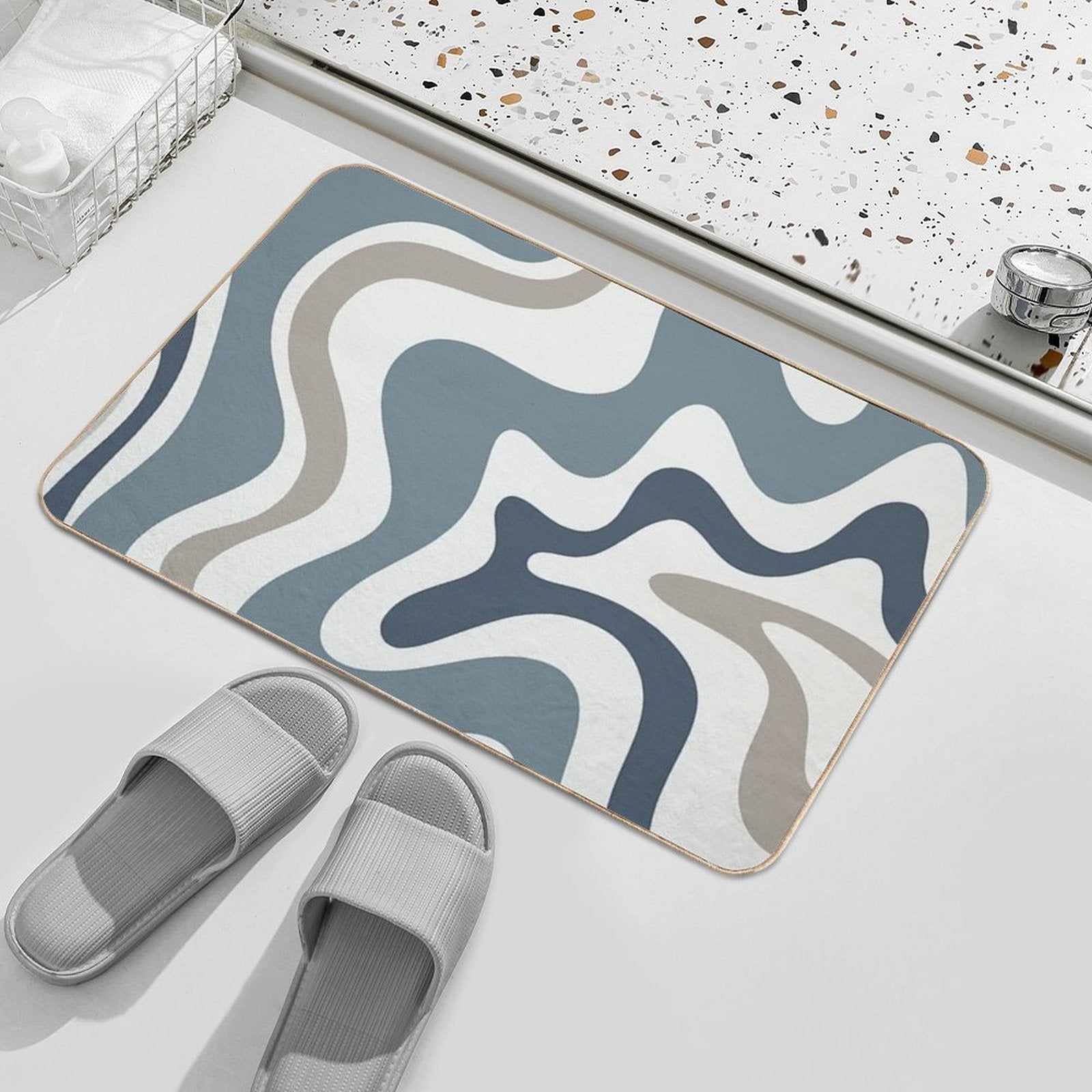 Liquid Swirl Contemporary Abstract in Neutral Blue Grey on Nearly White  Absorbent Bath Mat
