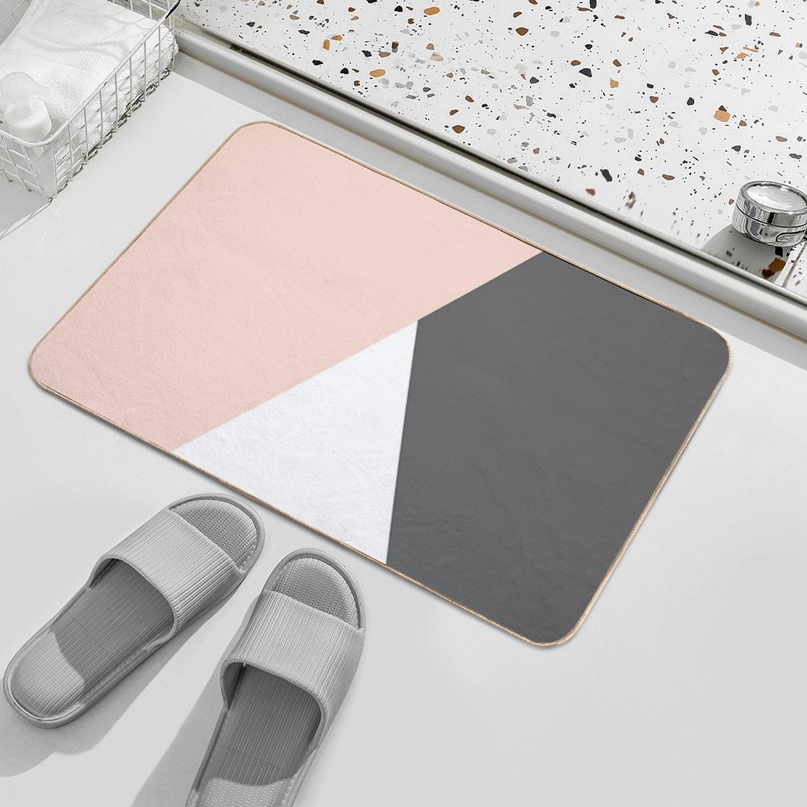 Elegant Blush Pink & Grey Geometric Triangles  Stain-Proof Bath Mat