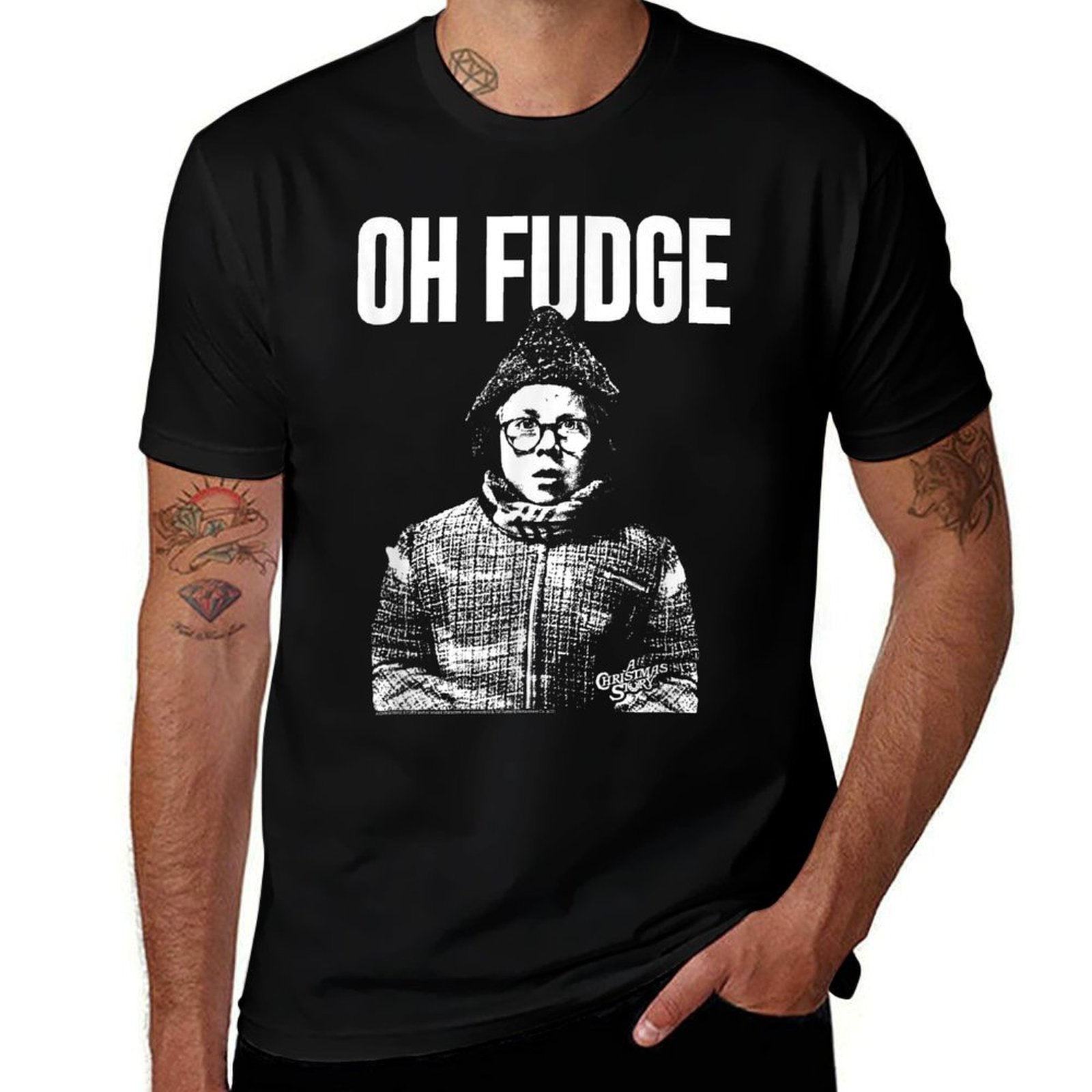 A Christmas Story Oh Fudge Black  White Ralphie Holiday  Graphic-printed T-Shirt