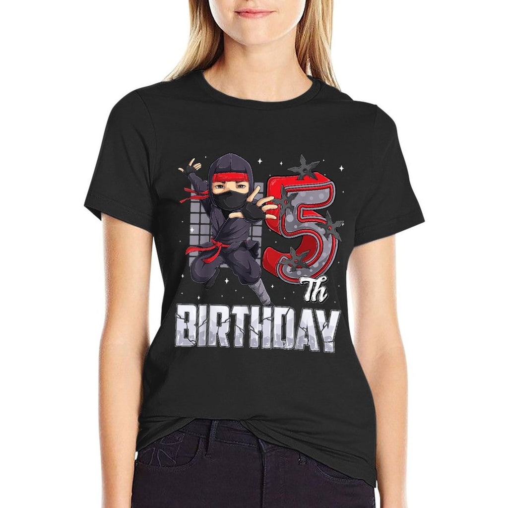 Ninja 5th Birthday Party Theme 5 Five Year Old Kids Boys  Summer-ready Fabric T-Shirt