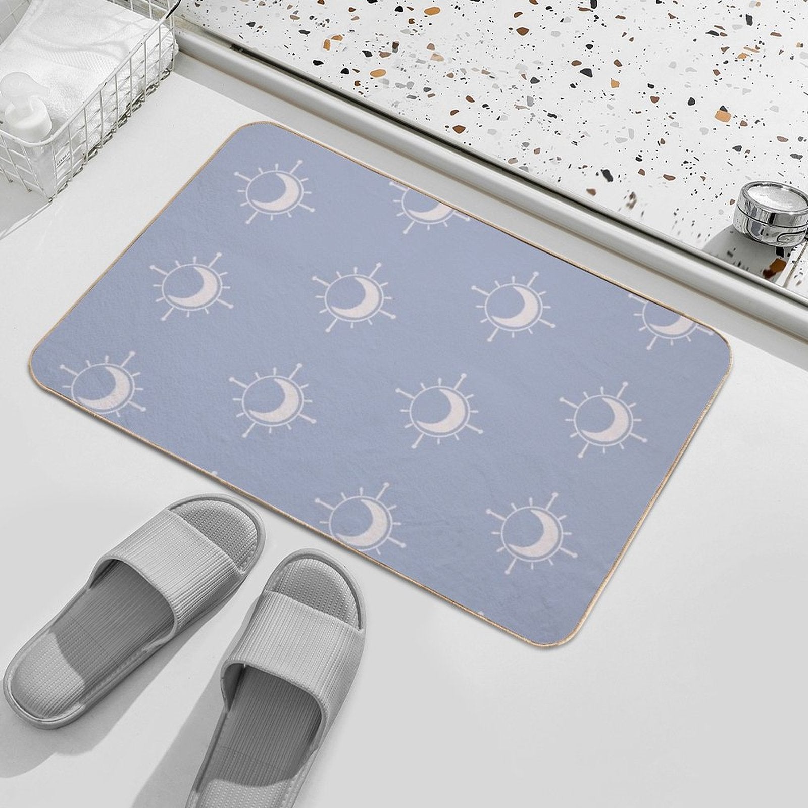 Cosmic Sun And Moon Design Soft Aesthetic In Muted Colors Pigeon Blue  Slip-Resistant Bath Mat