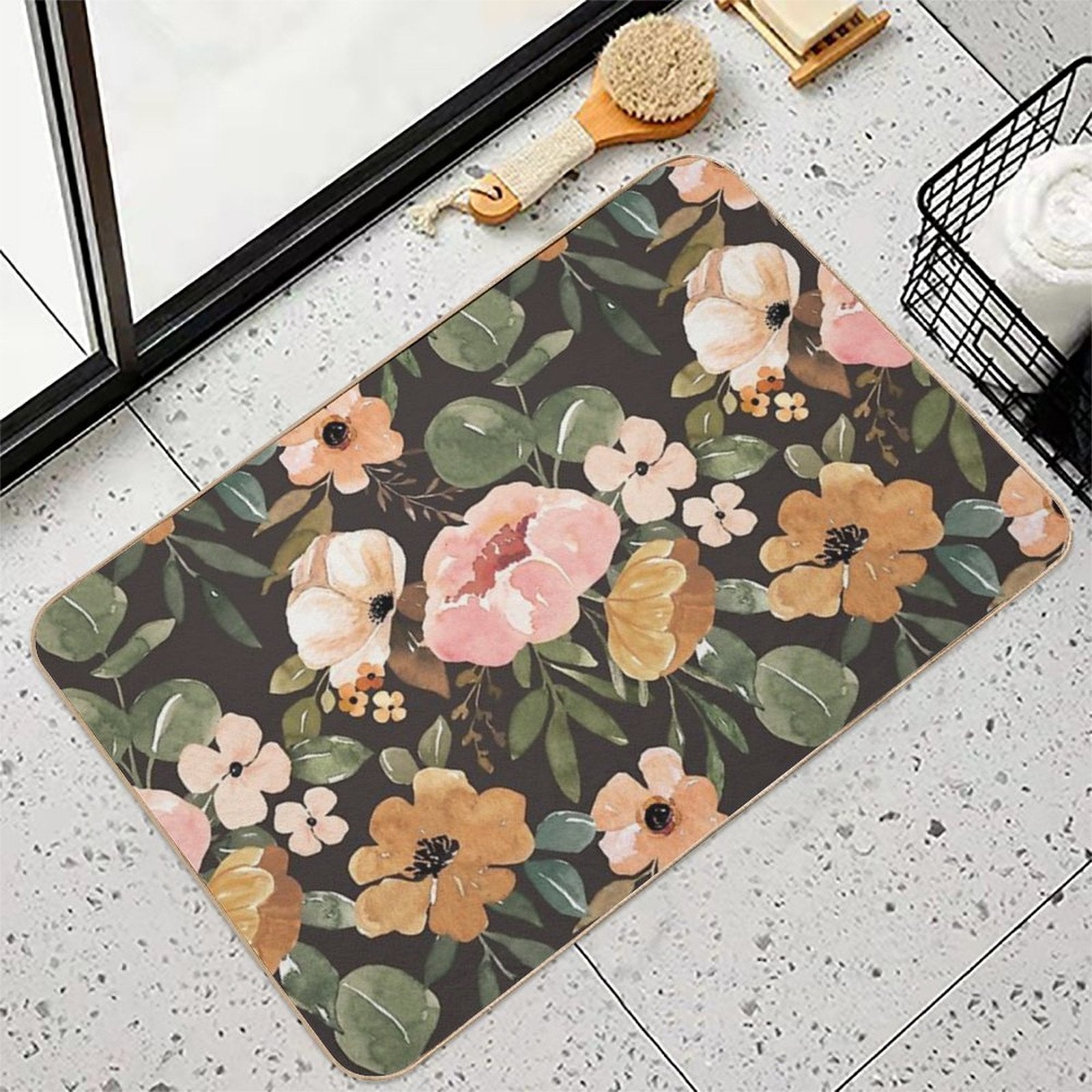 Boho Floral, Moody Floral, Blush Pink Watercolor Flowers, Vintage Floral Decor  High-Traffic Bath Mat