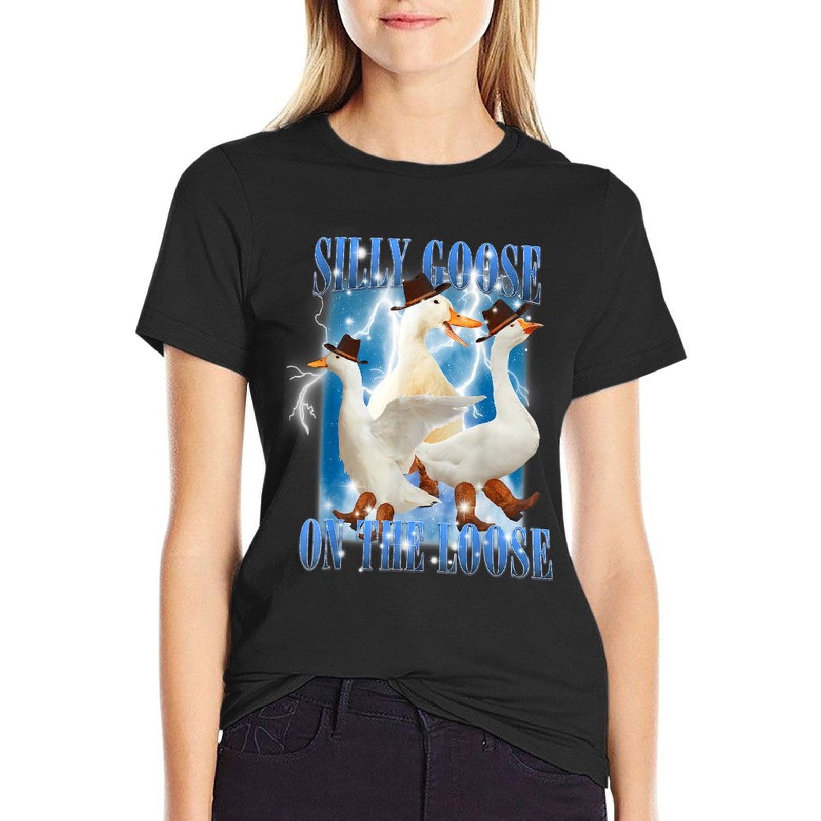 Retro Goose Aesthetic Trendy Meme Silly Goose On The Loose  Rolled Sleeves T-Shirt