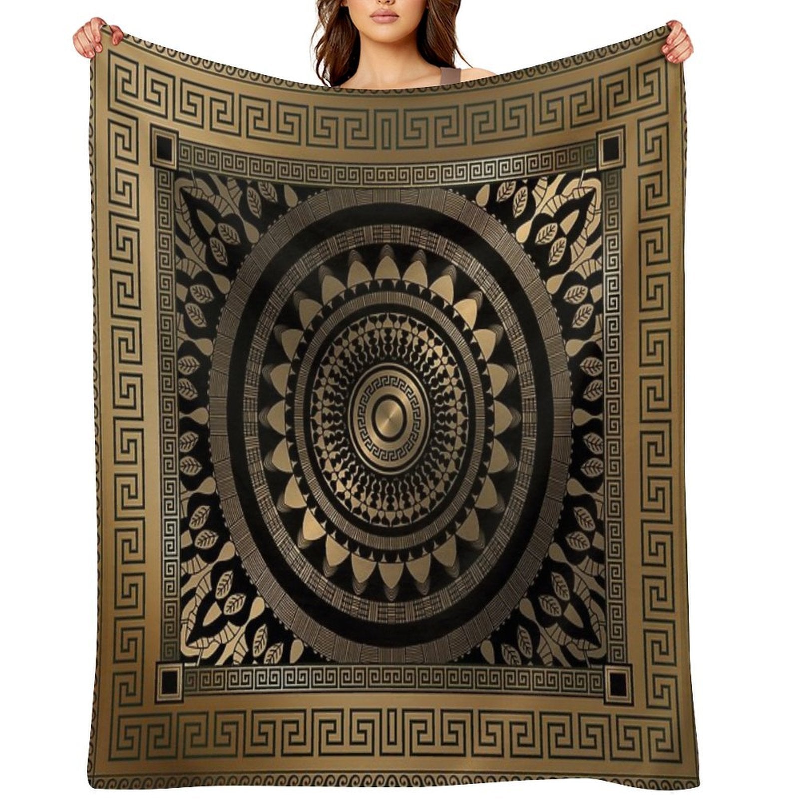 Ornate Baroque Silver Black Bronze Greek Keys Border Comfort Throw Blanket