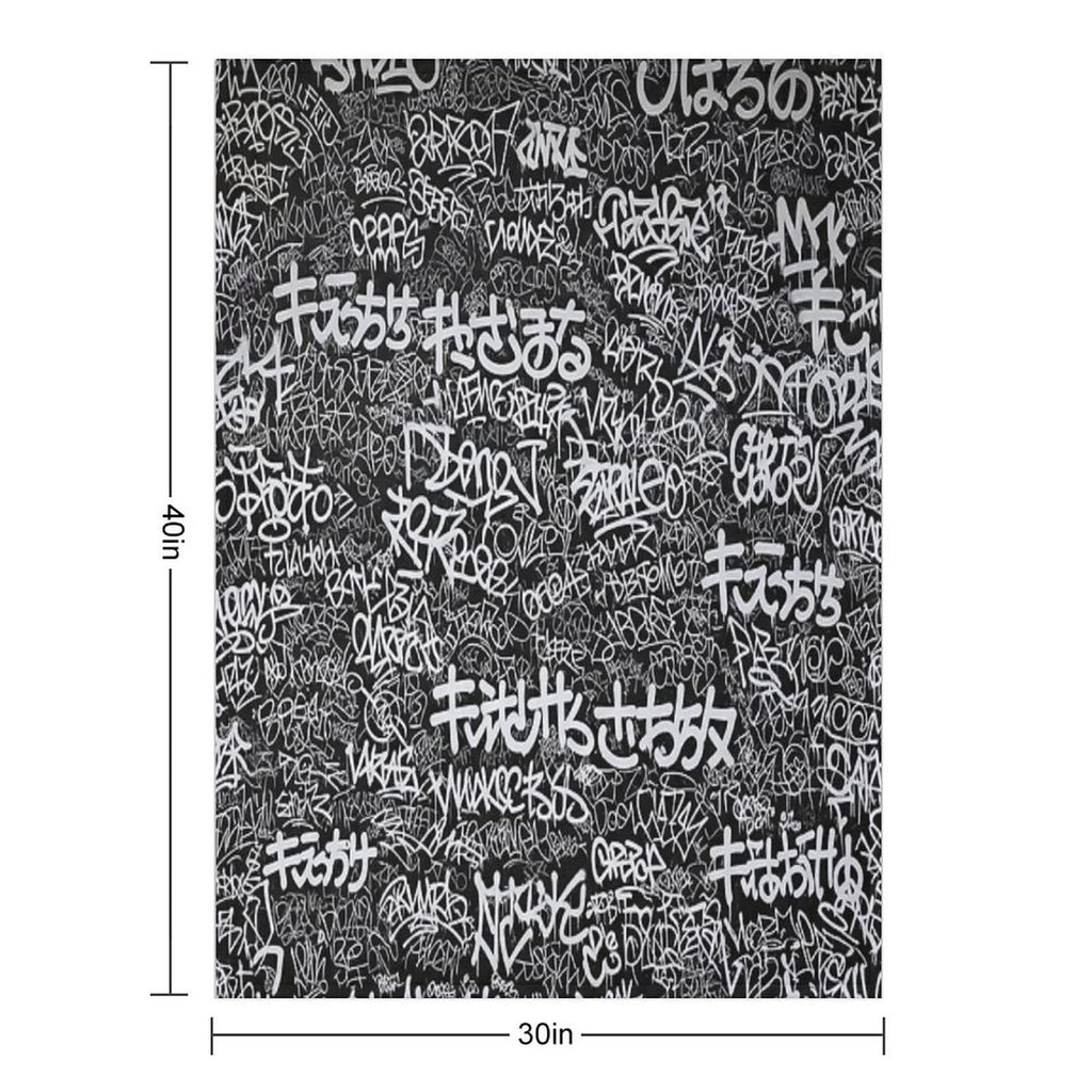 Black & White Doodle Graffiti Japanese Positive Words Tag Art Machine-washable Throw Blanket