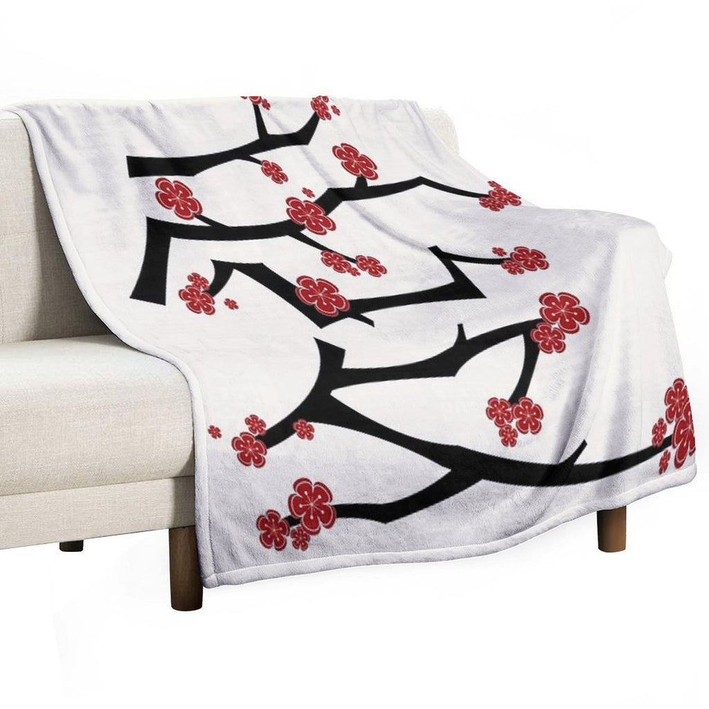 Chinese 'Ai' (Love) Calligraphy With Red Cherry Blossoms On Black Branches  Japanese Sakura Kanji © Fatfatin Anti-pilling Throw Blanket