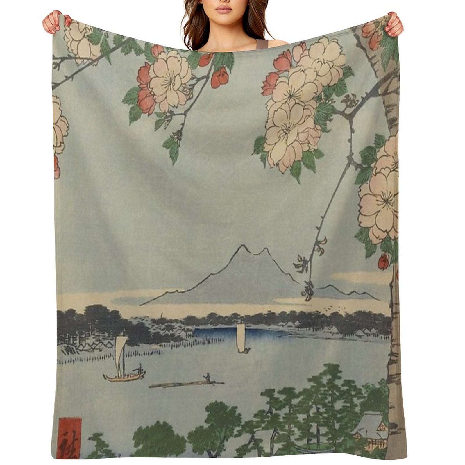 Cherry Blossoms on Spring River Ukiyo-e Japanese Art Gift-ready Throw Blanket