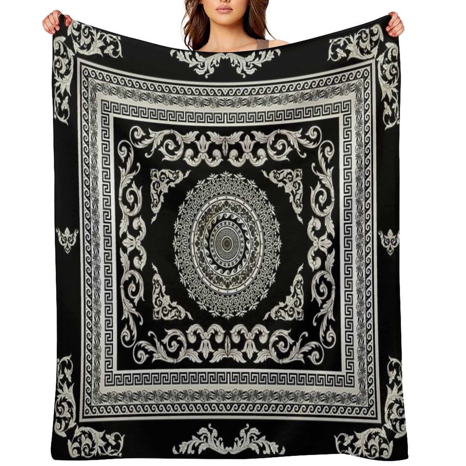 Ornate Greek Key Meander Black Cream  Medallion Comfort Throw Blanket