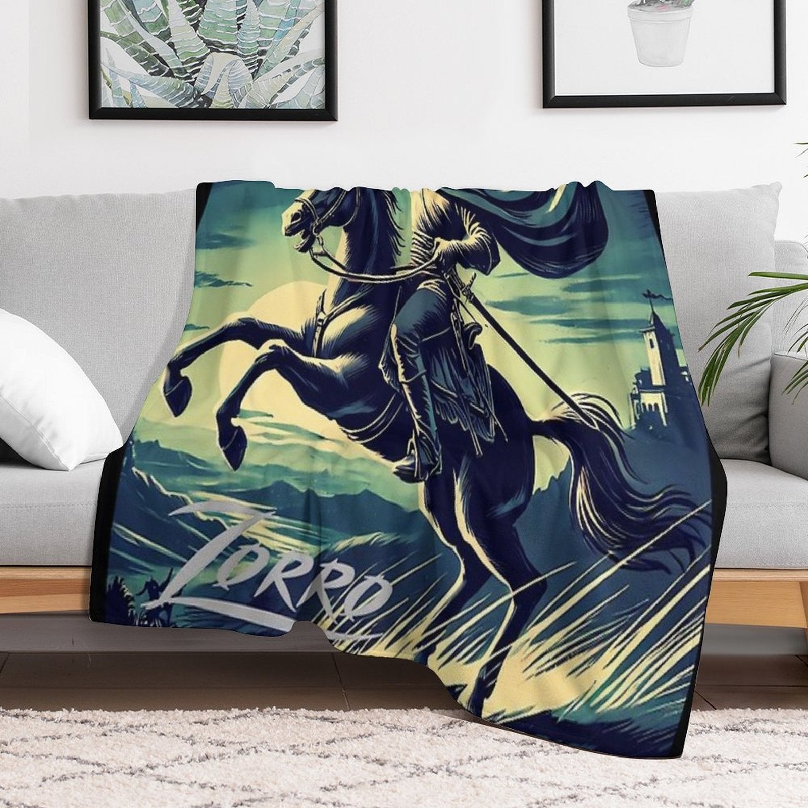 Vintage Zorro on Horseback with His Sword Sustainable Throw Blanket