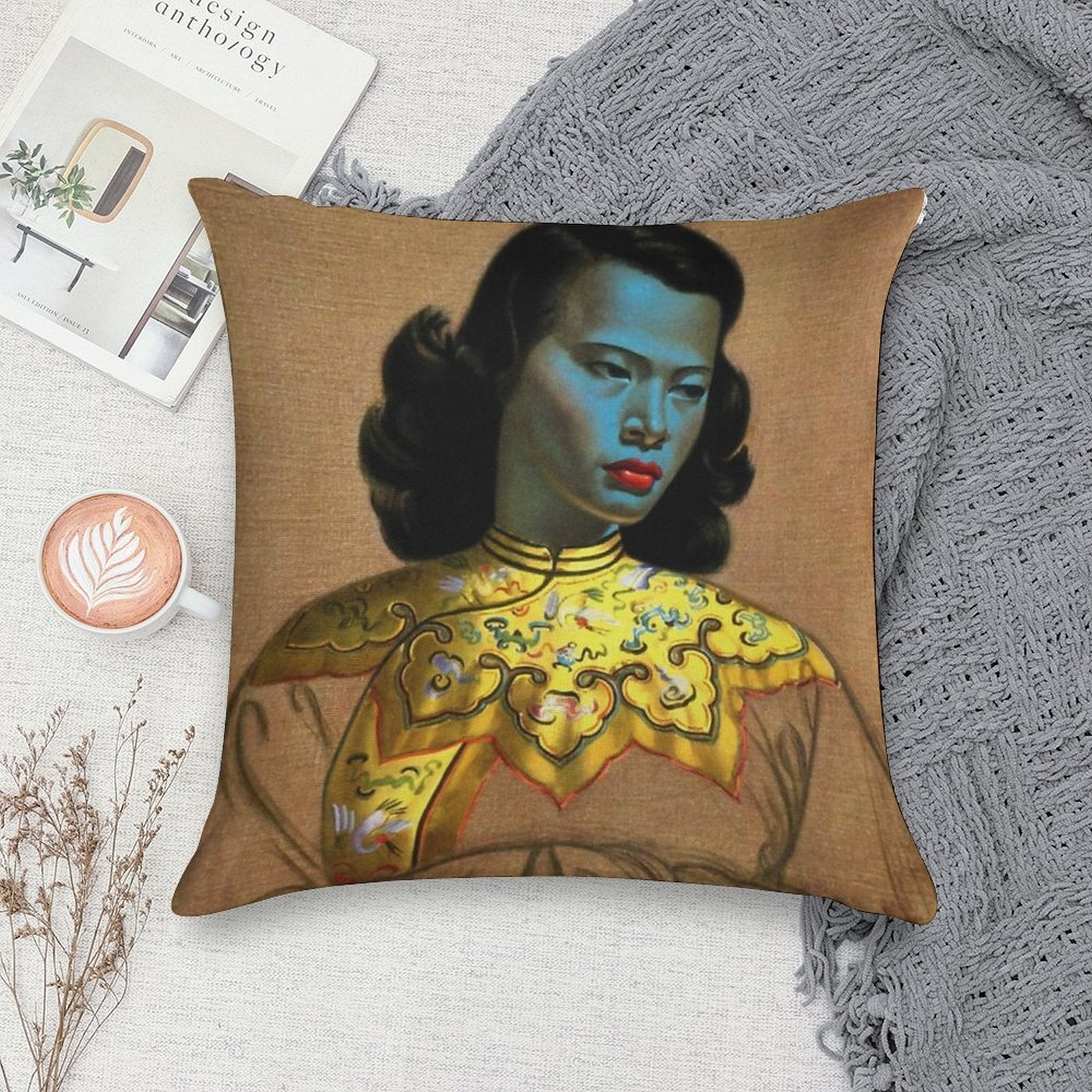 Vladimir Tretchikoff Vintage Painting, Famous Art Reproduction, Asian Fashion Illustration Soft Luxury Feel Throw Pillow