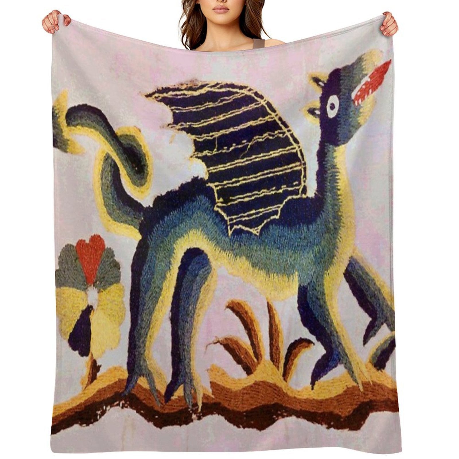 Crewel Dragon Vintage Floral Vector Pattern Durable Throw Blanket