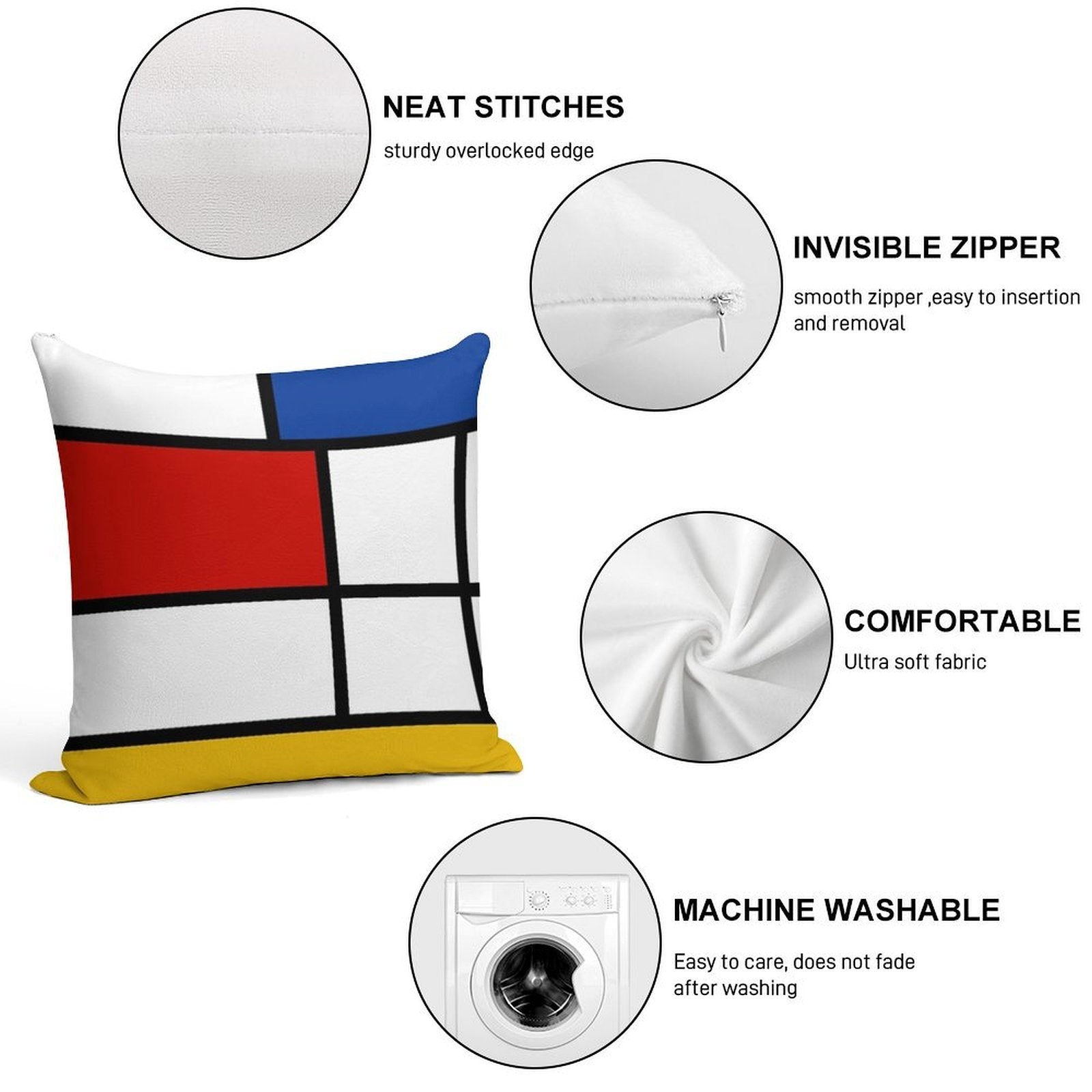De Stijl #1 (Mondrian Inspired) Soft Shrink-Resistant Throw Pillow