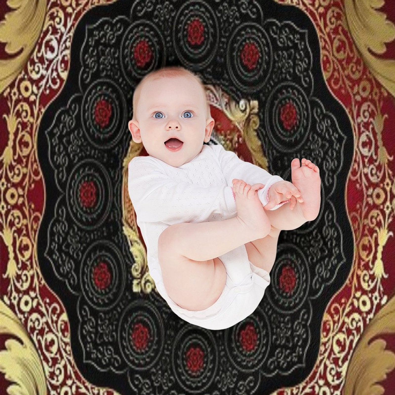 Ornate Baroque Filigree Red Black Gold Greek Key Meander Easy Care Throw Blanket