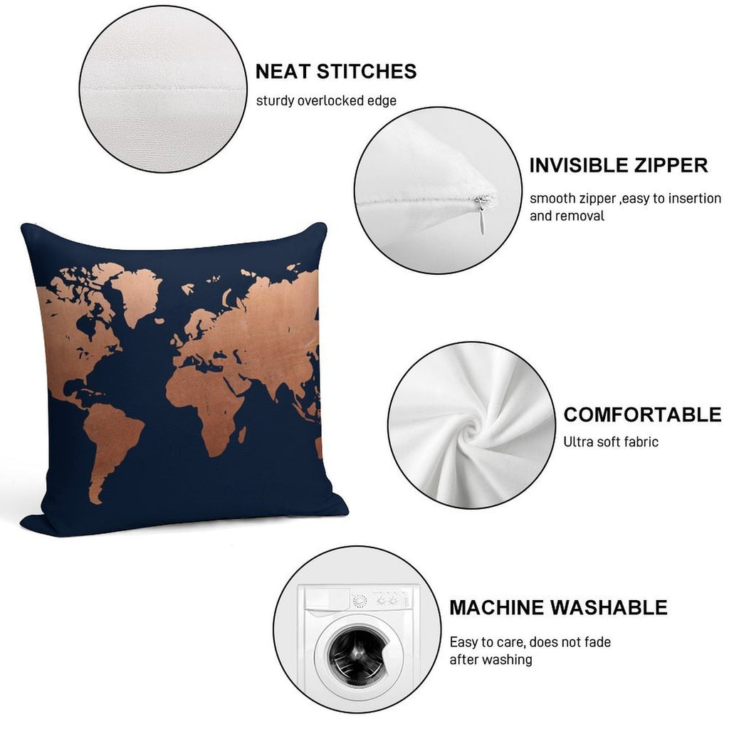 World Map - Navy Blue And Copper Soft Luxury Feel Throw Pillow