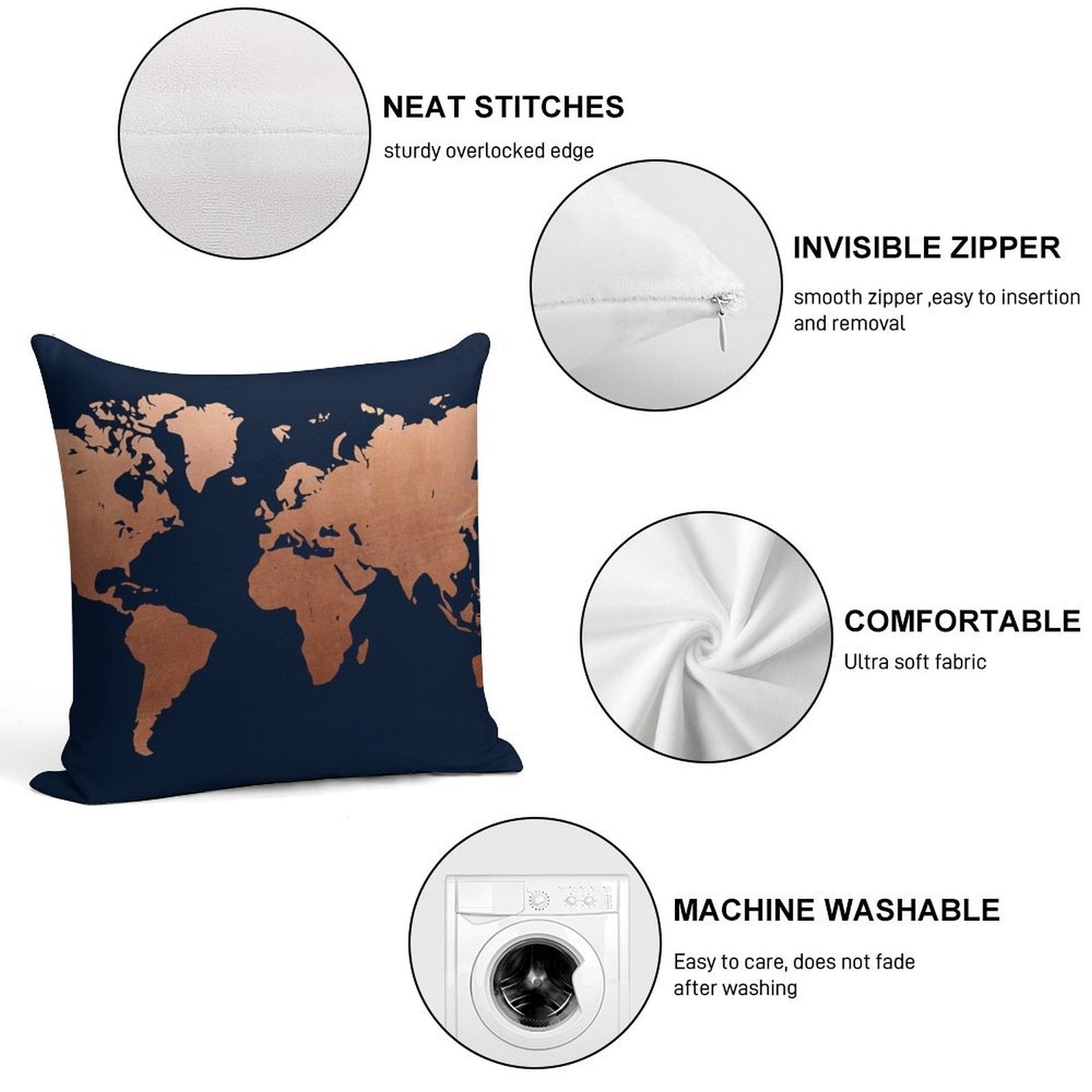 World Map - Navy Blue And Copper Soft Luxury Feel Throw Pillow