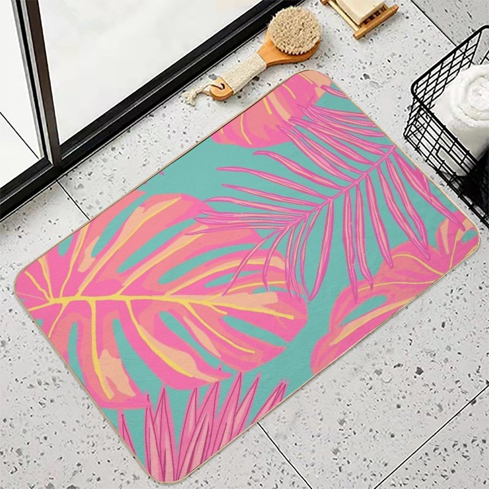 Tropical Leaves in Pink And Turquoise  High-Traffic Bath Mat