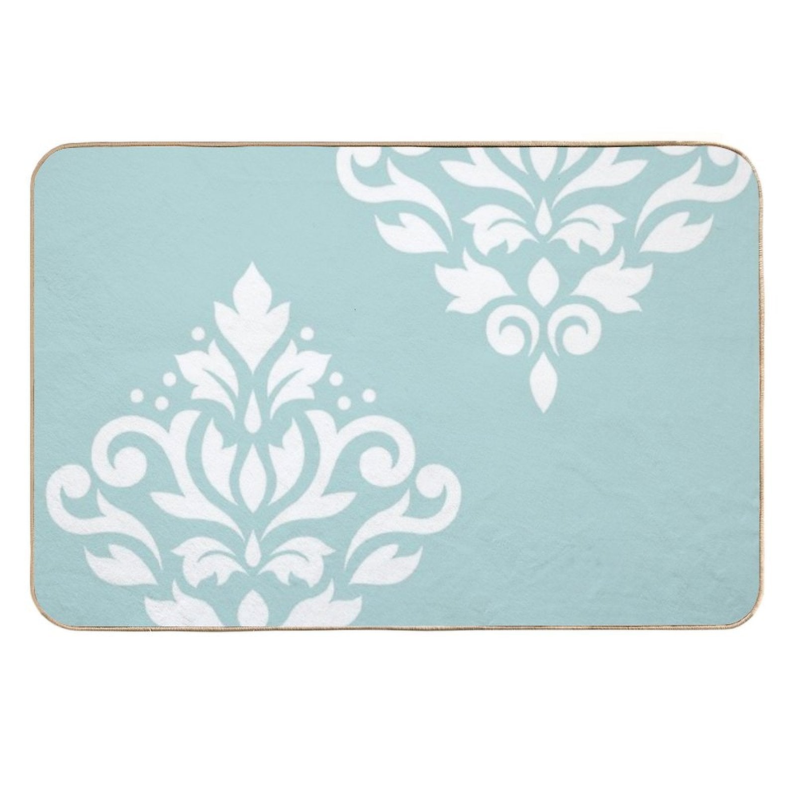Scroll Damask Art I White on Duck Egg Blue  Fade-Resistant Bath Mat