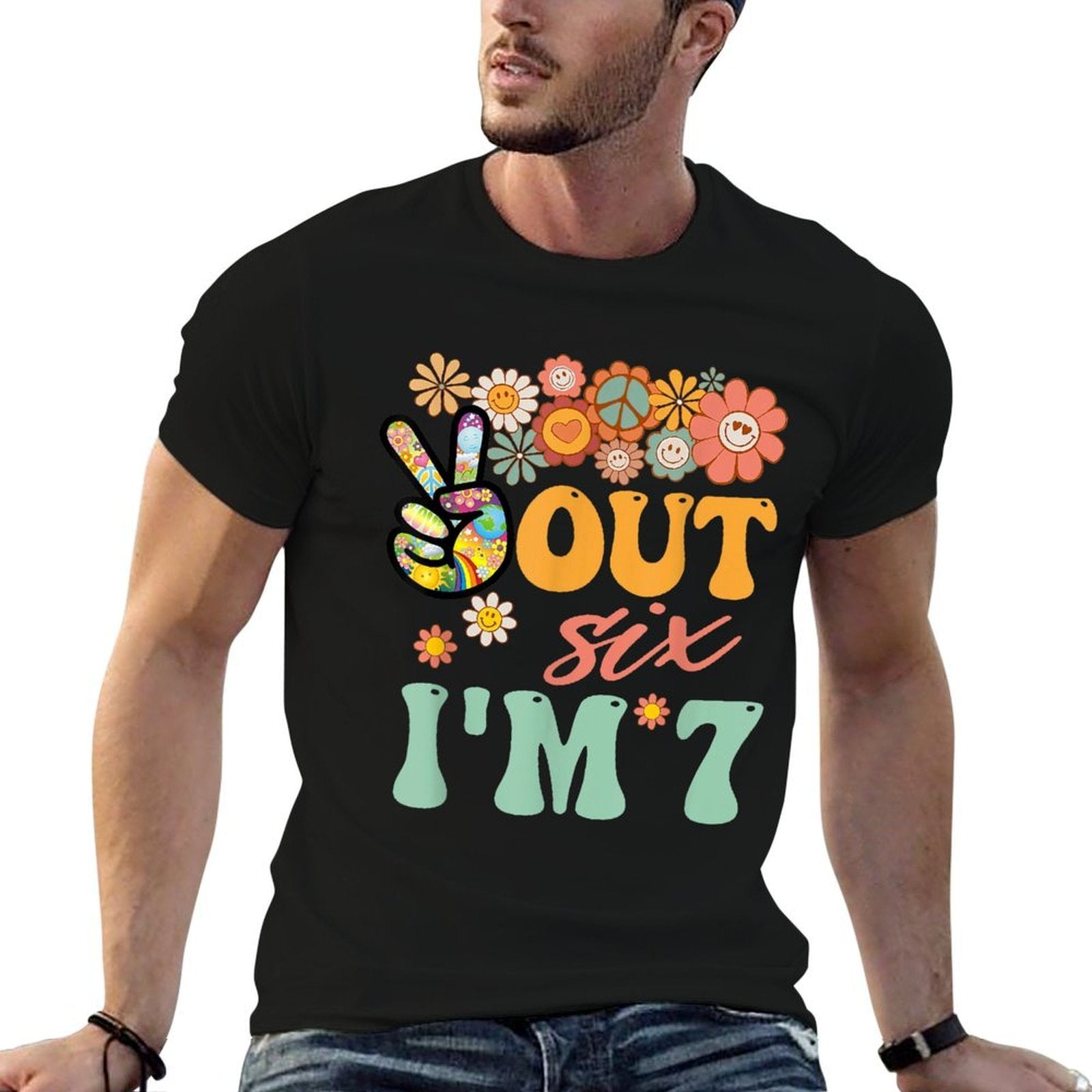 Peace Out Six Im 7 Groovy 7th Happy Birthday Boy Girl  Durable T-Shirt
