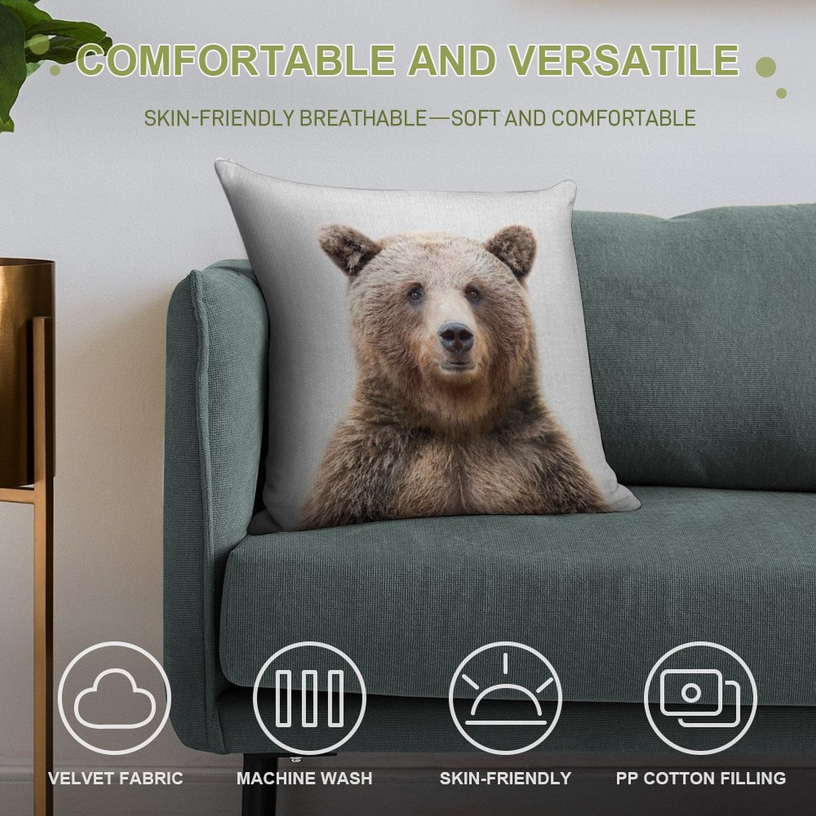 Grizzly Bear - Colorful Soft Reinforced Edging Throw Pillow
