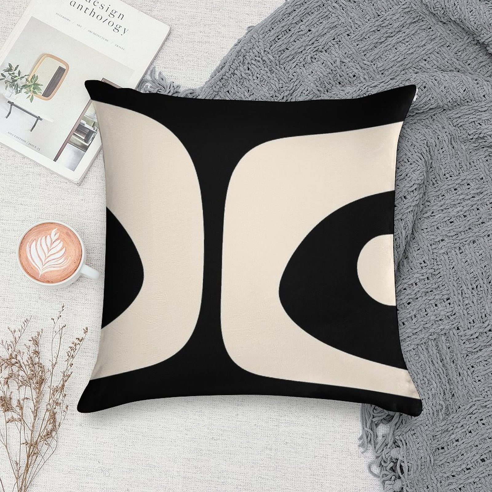 Retro Piquet Mid Century Modern Abstract Pattern 2 in Black And Almond Cream Soft Luxury Feel Throw Pillow