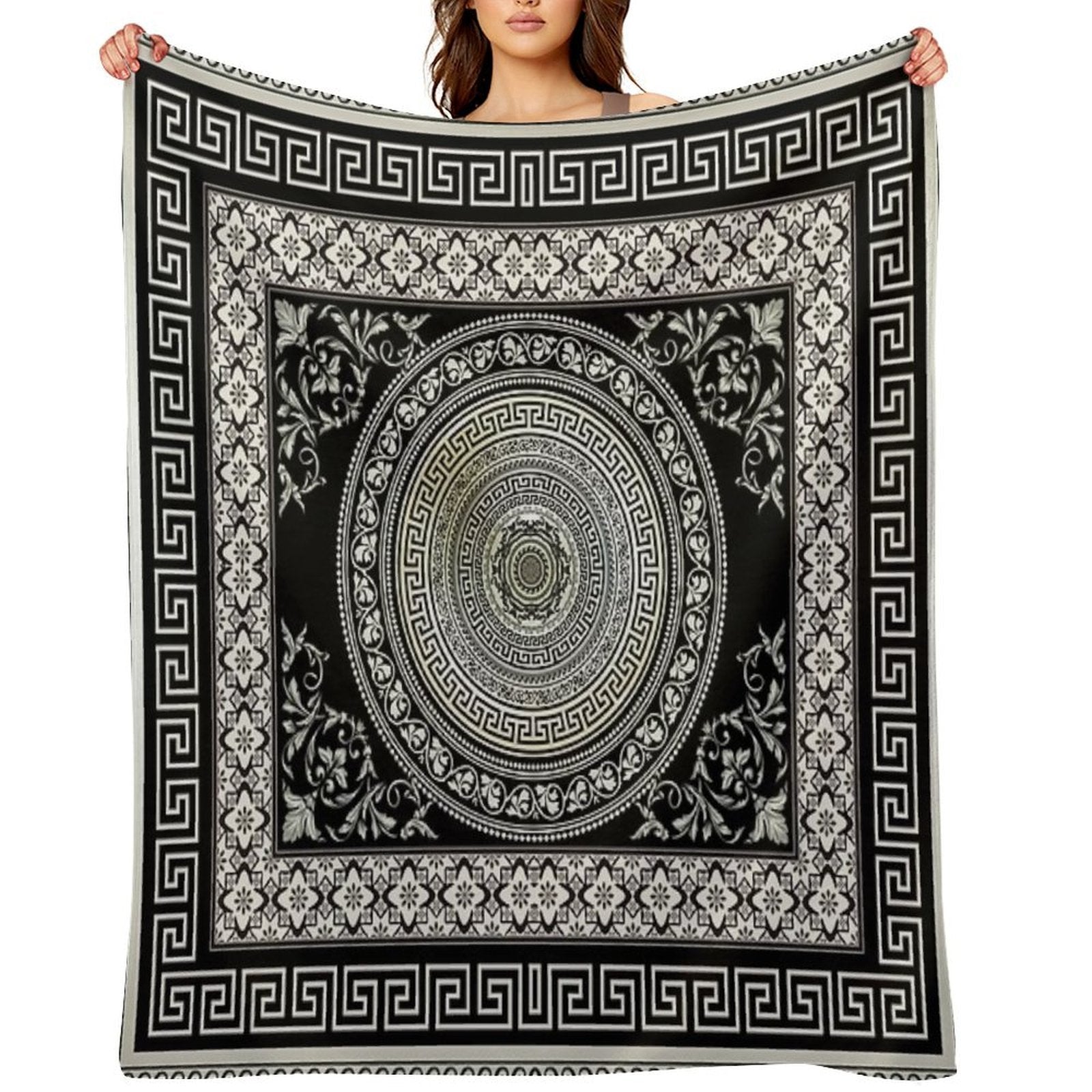 Greek Key Meander Black Cream Ornate Medallion All-season Throw Blanket