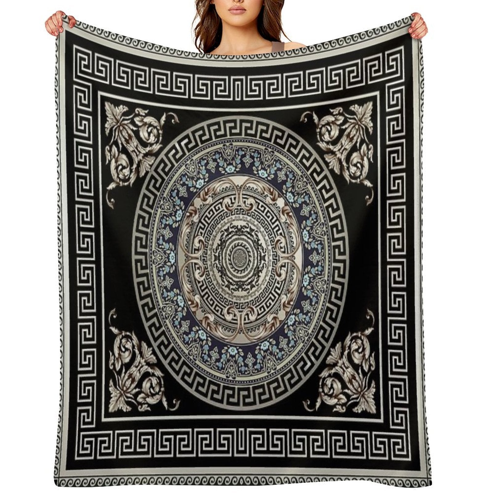 Greek Key Meander Cream Blue Black Medallion Ornate Baroque Versatility Throw Blanket