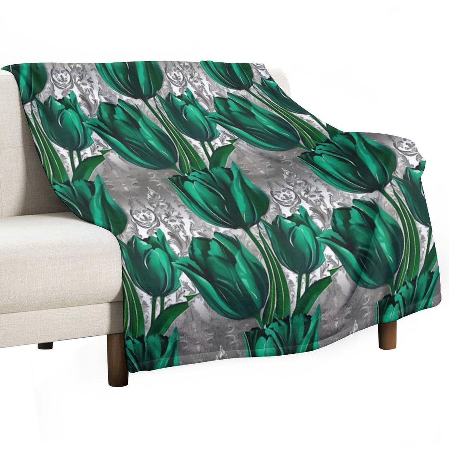 Emerald Green Tulips with Silver Baroque Machine-washable Throw Blanket