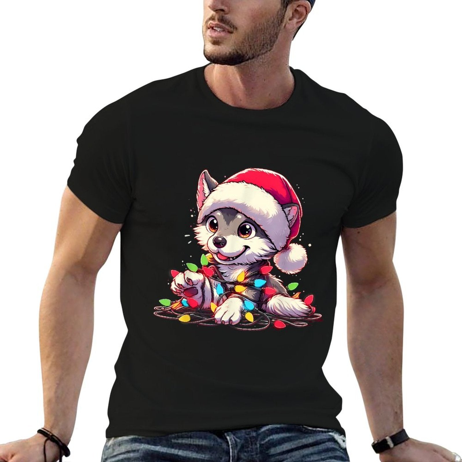 Merry Wolfmas Christmas Lights Cute Wolf Santa Hat  Easy-care T-Shirt