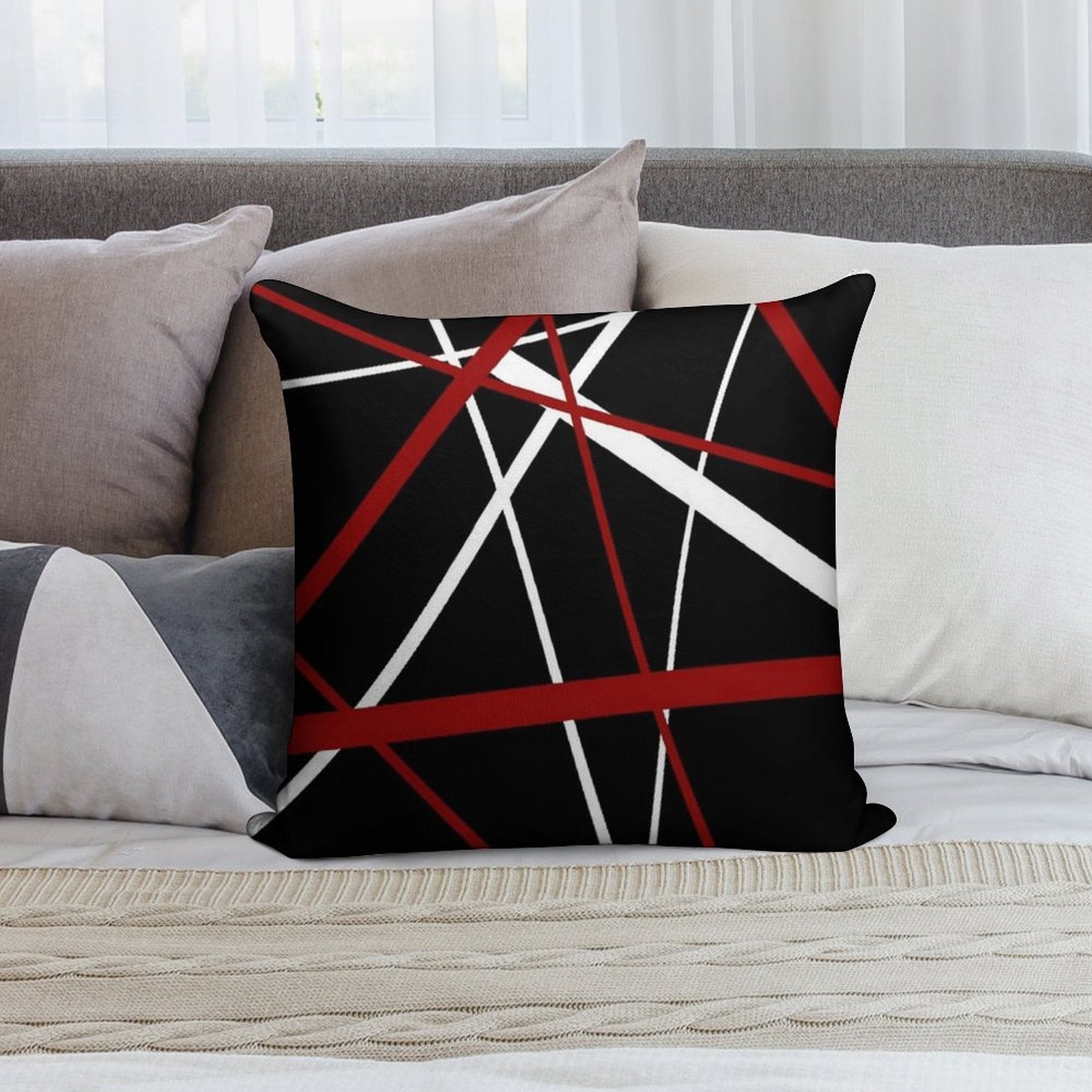 Red And White Strips Against A Black Background Soft Home Decor Throw Pillow