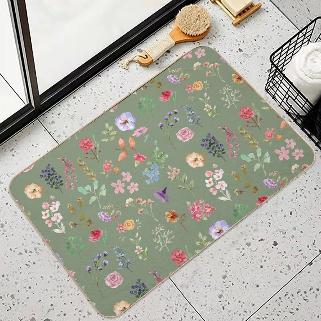 Watercolour Floral Pattern in Sage Green  Rapid-Drying Bath Mat