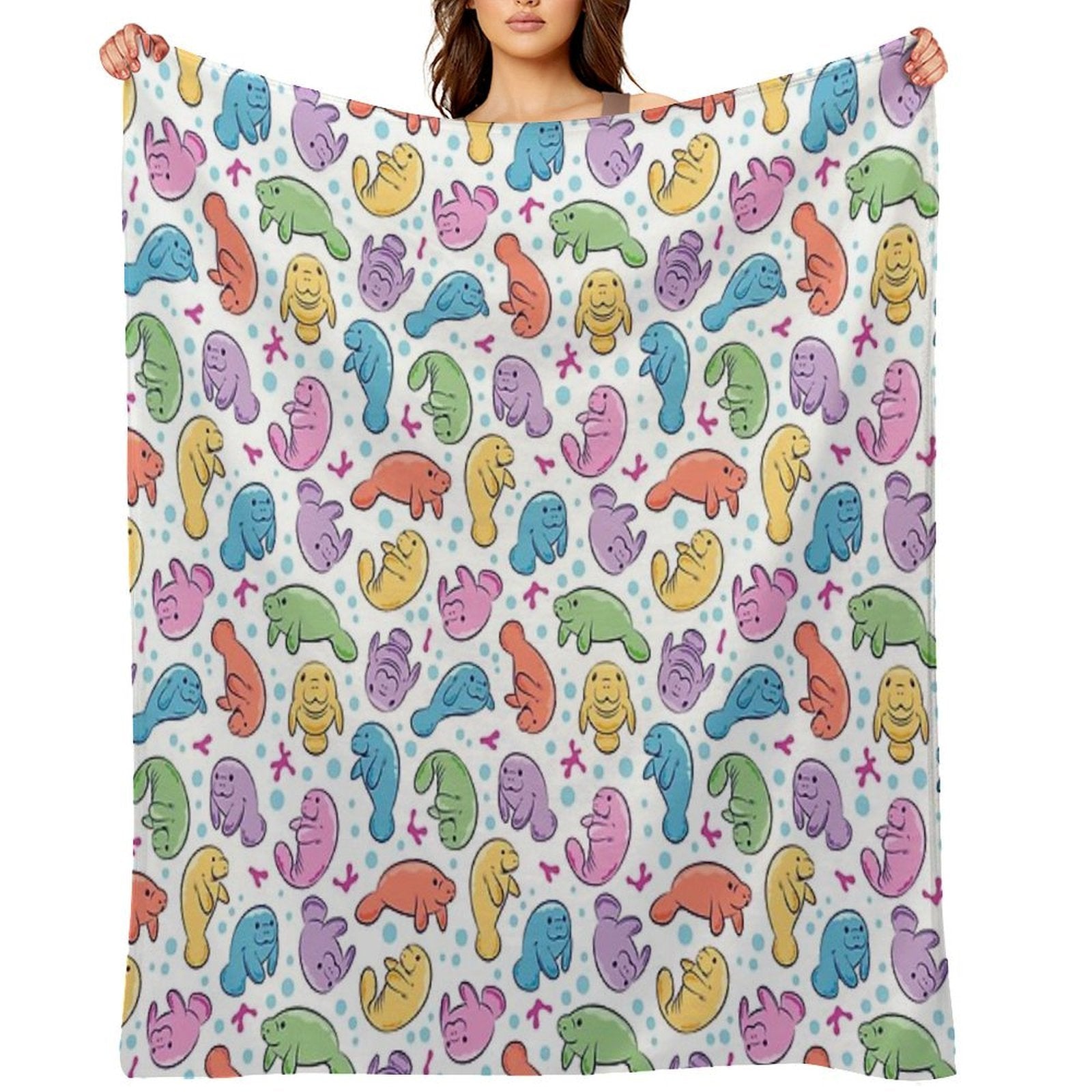 Cute Manatee Pattern - Colorful Underwater Pattern Travel-friendly Throw Blanket