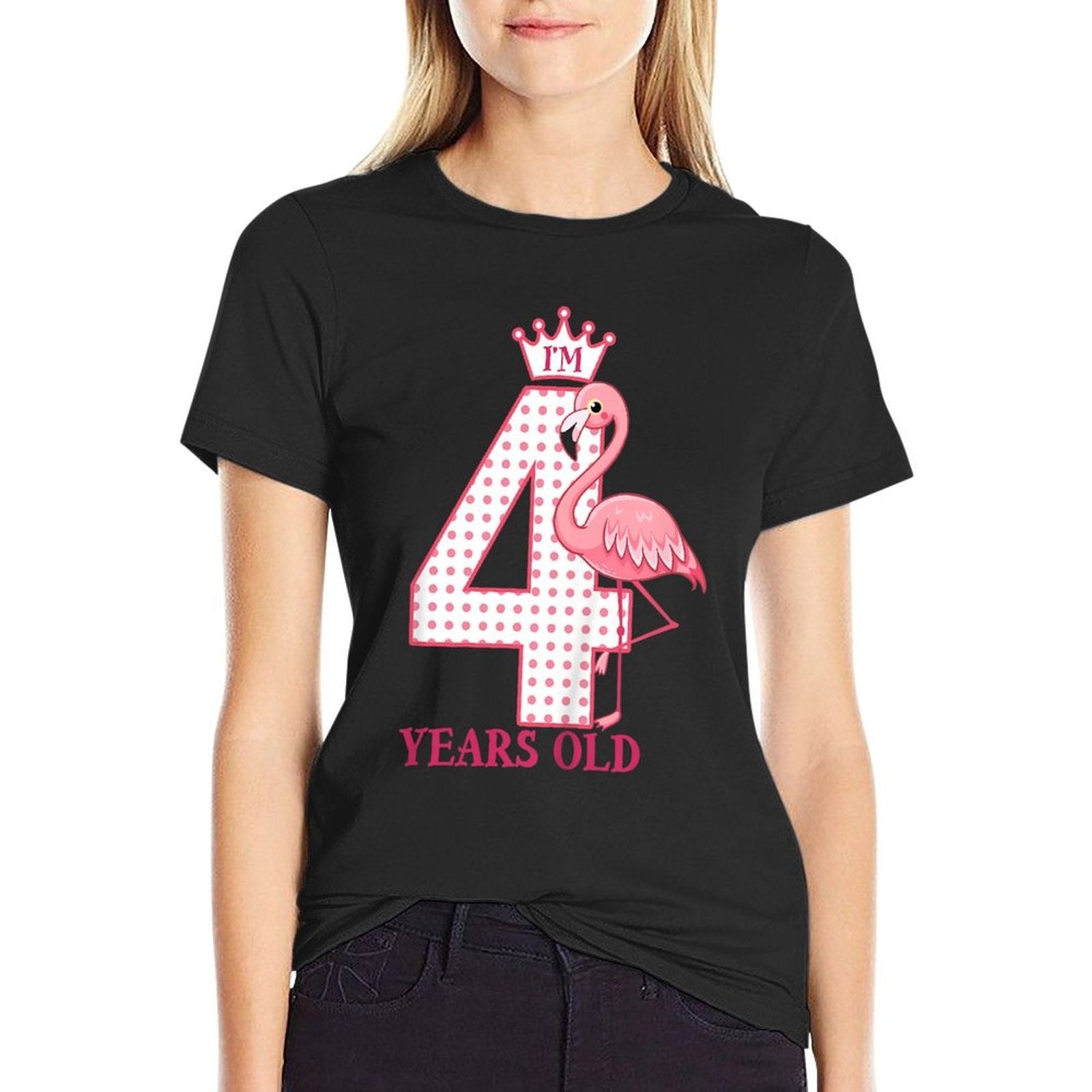Kids I'M 4 Years Old Crown And Pink Flamingo I'M Four Years Old  High-quality Stitching T-Shirt