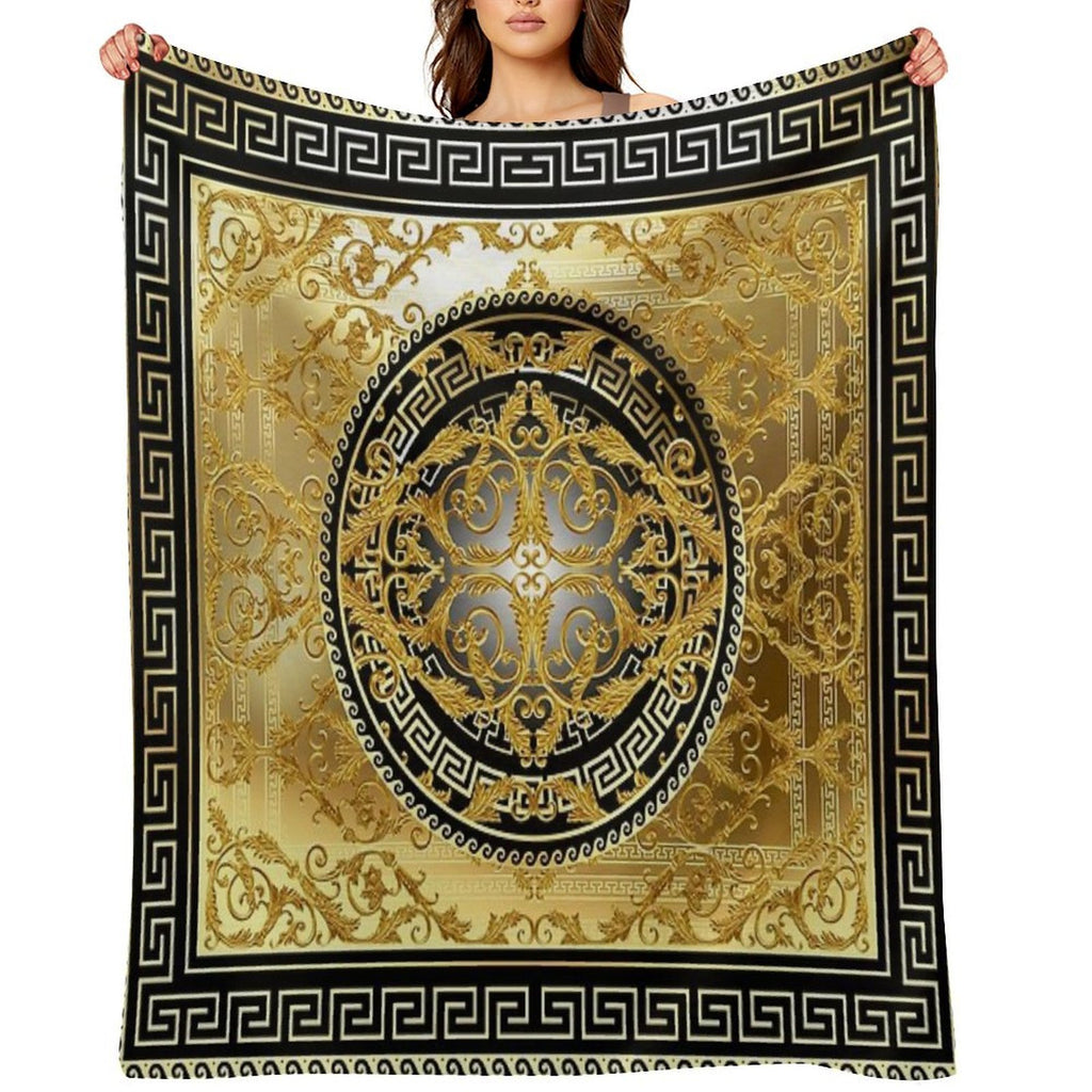 Ornate Baroque Black Gold Greek Keys Meander Travel-friendly Throw Blanket