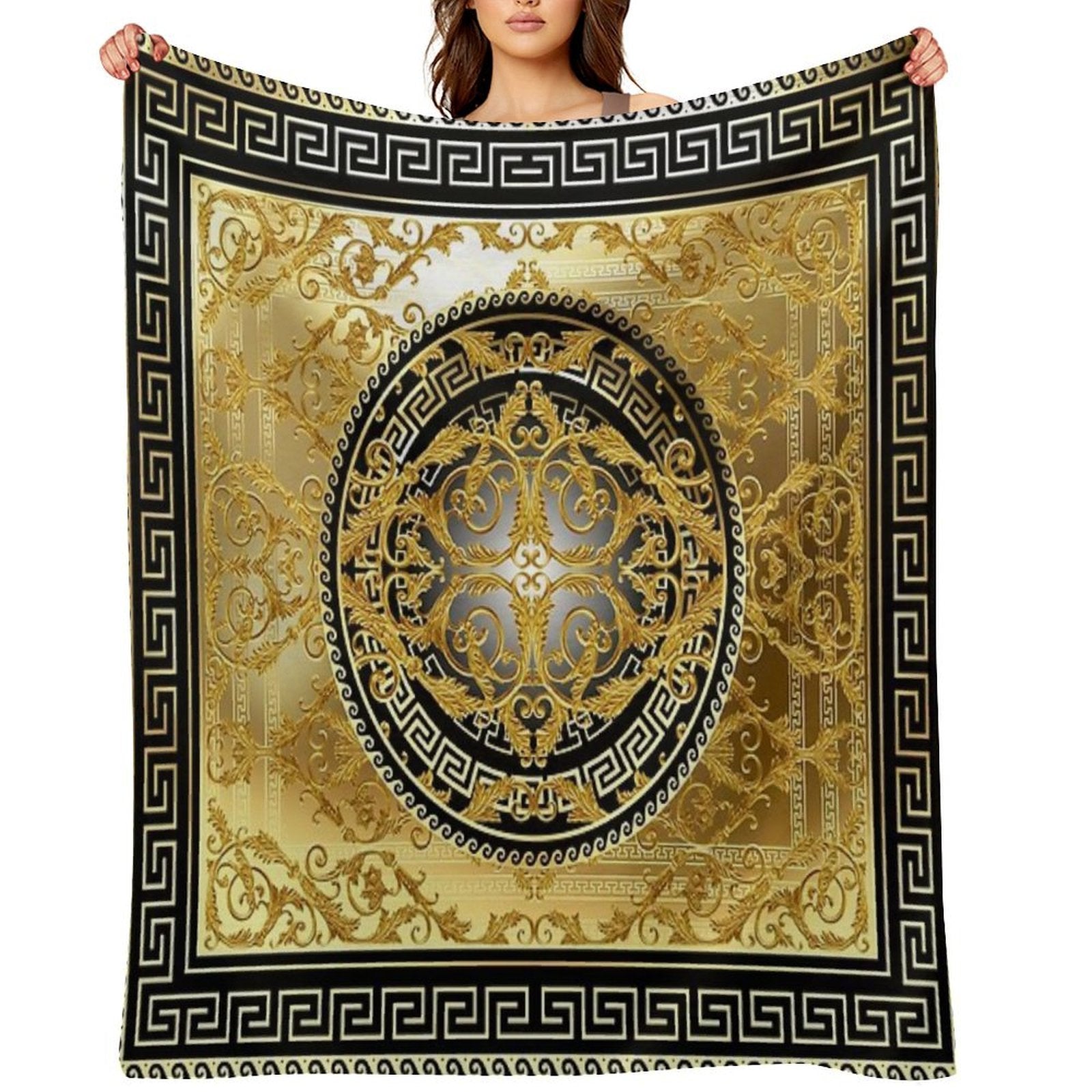 Ornate Baroque Black Gold Greek Keys Meander Travel-friendly Throw Blanket