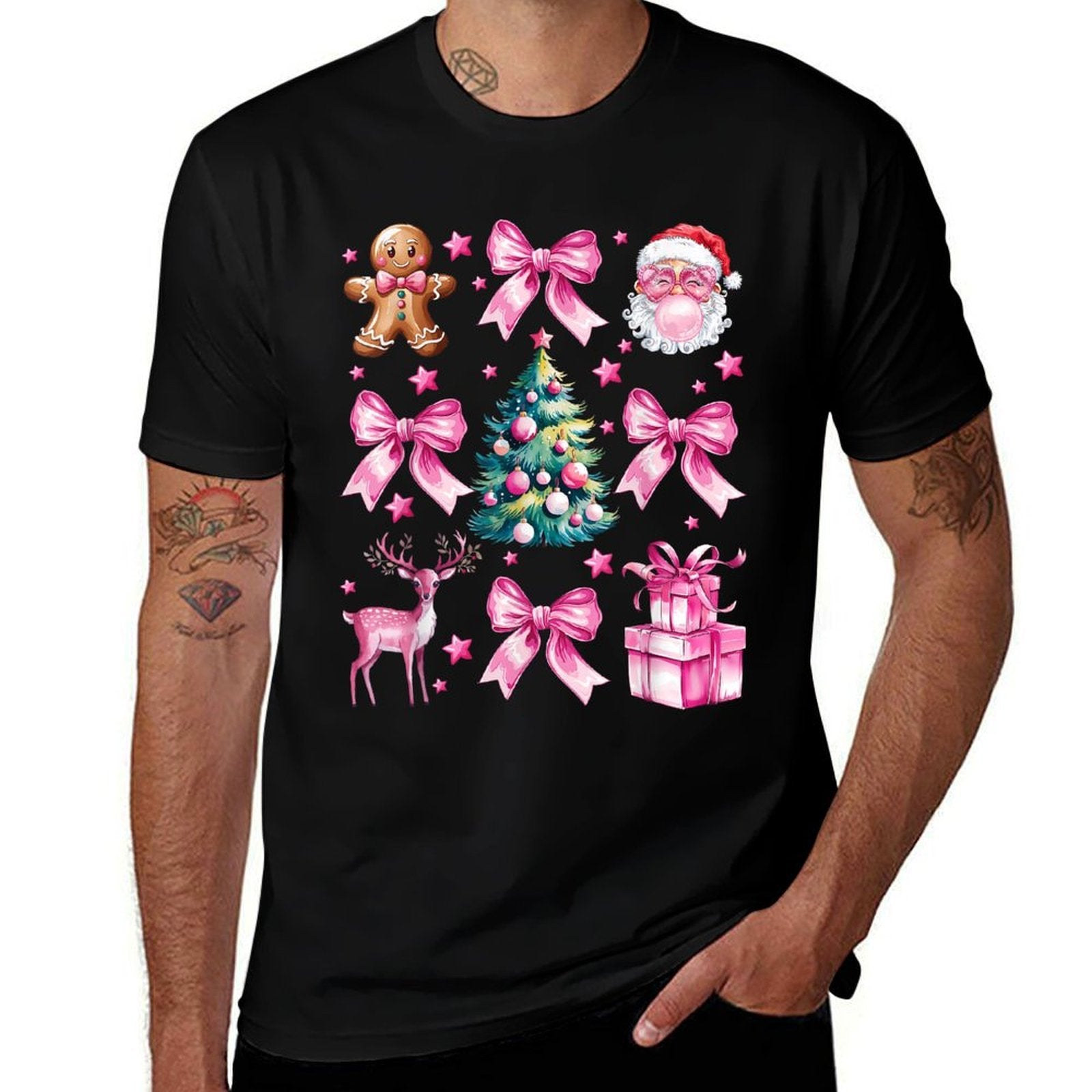 Cute Retro Coquette Bow Pink Christmas Tree Women Kids Girls  Wrinkle-resistant T-Shirt