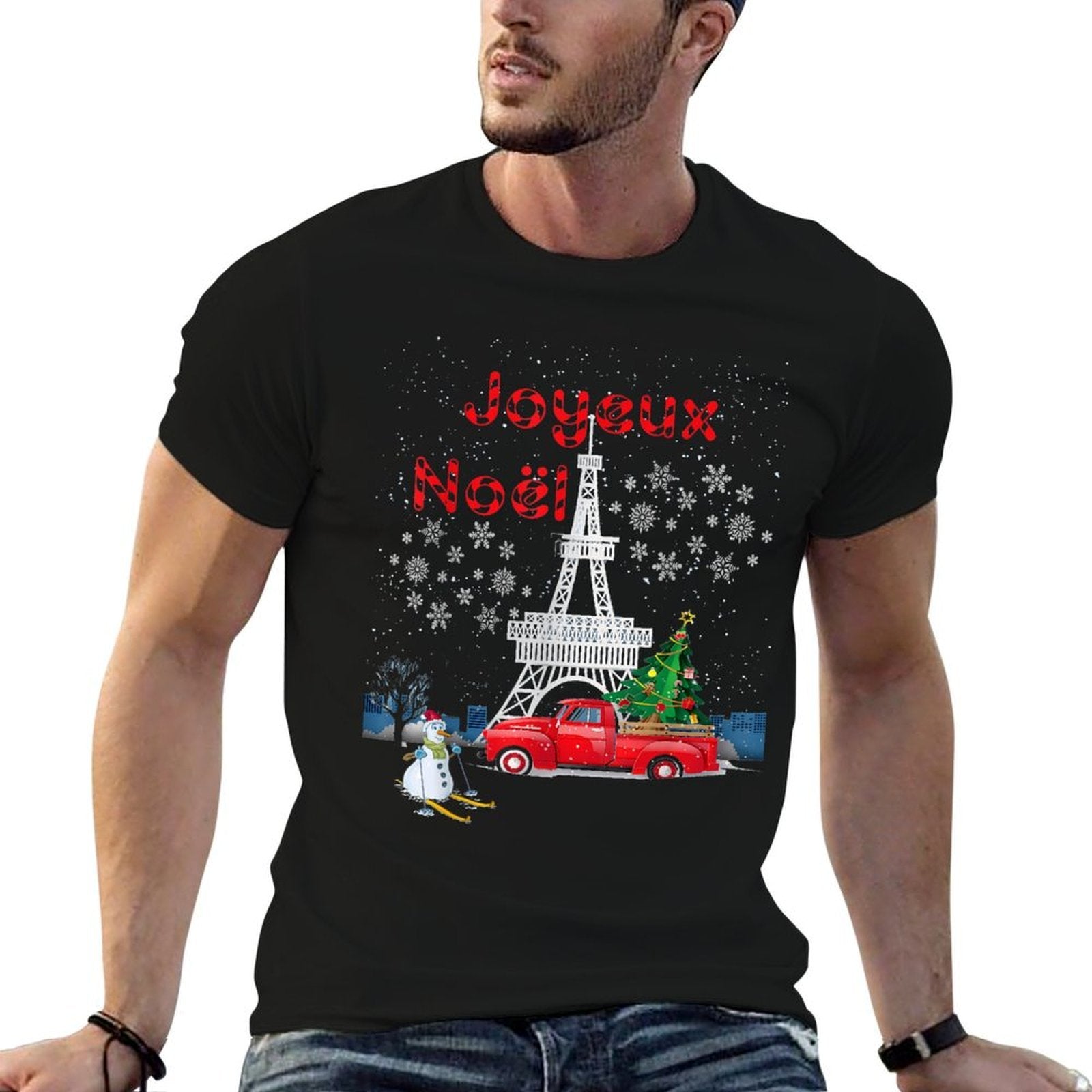 Paris Eiffel Tower Christmas Tree Red Truck Joyeux Noël Gift  Heathered Texture T-Shirt