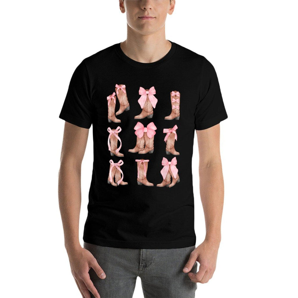 Cowgirl Boots Coquette Aesthetic And Pink Bows  Trendy Pattern T-Shirt