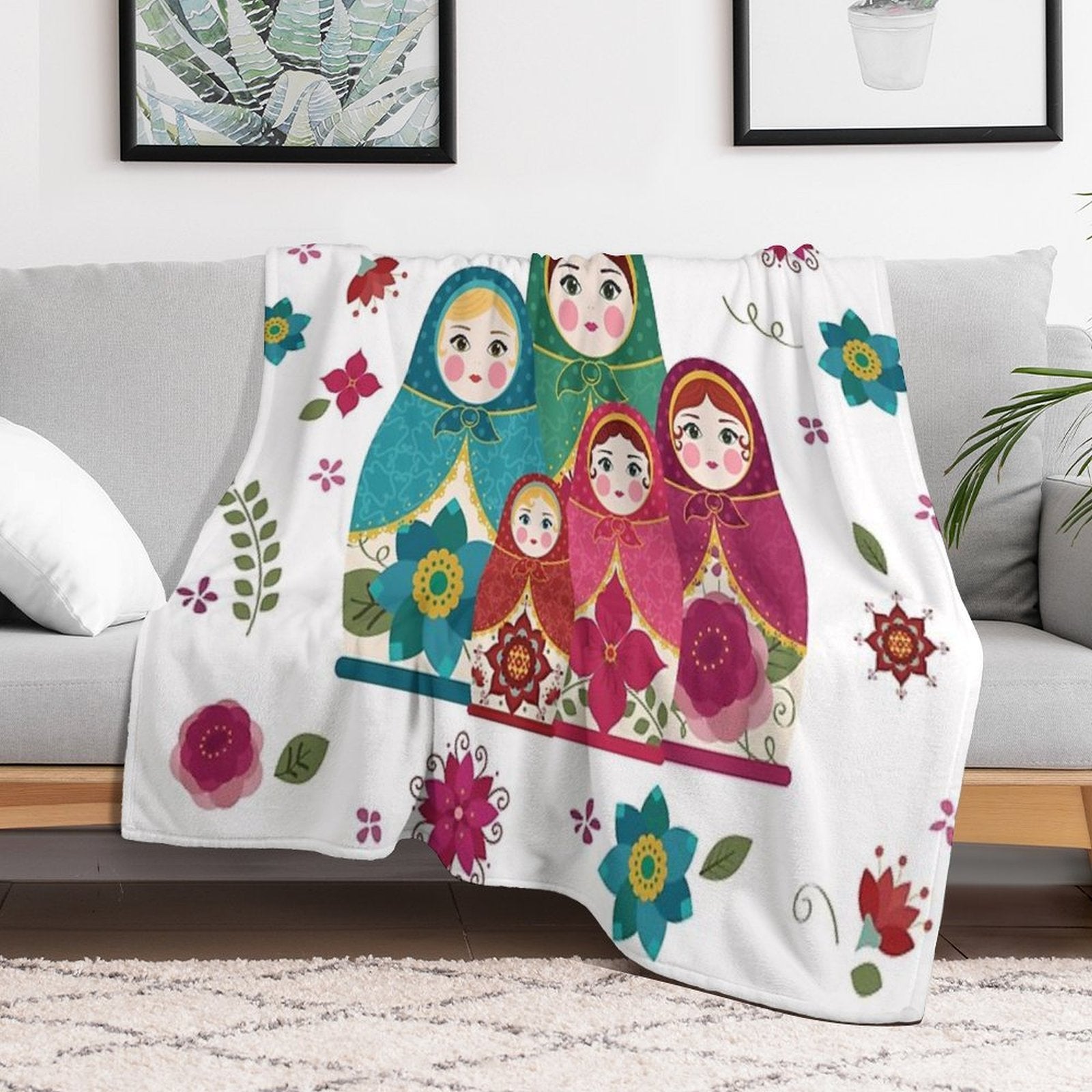 Russian Dolls White Sustainable Throw Blanket