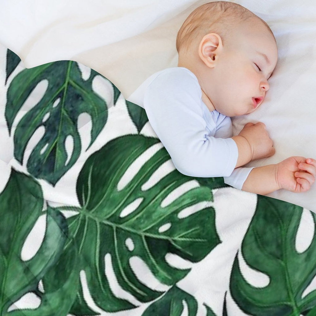 Tropical Monstera Leaves - Dark Emerald Green Machine-washable Throw Blanket