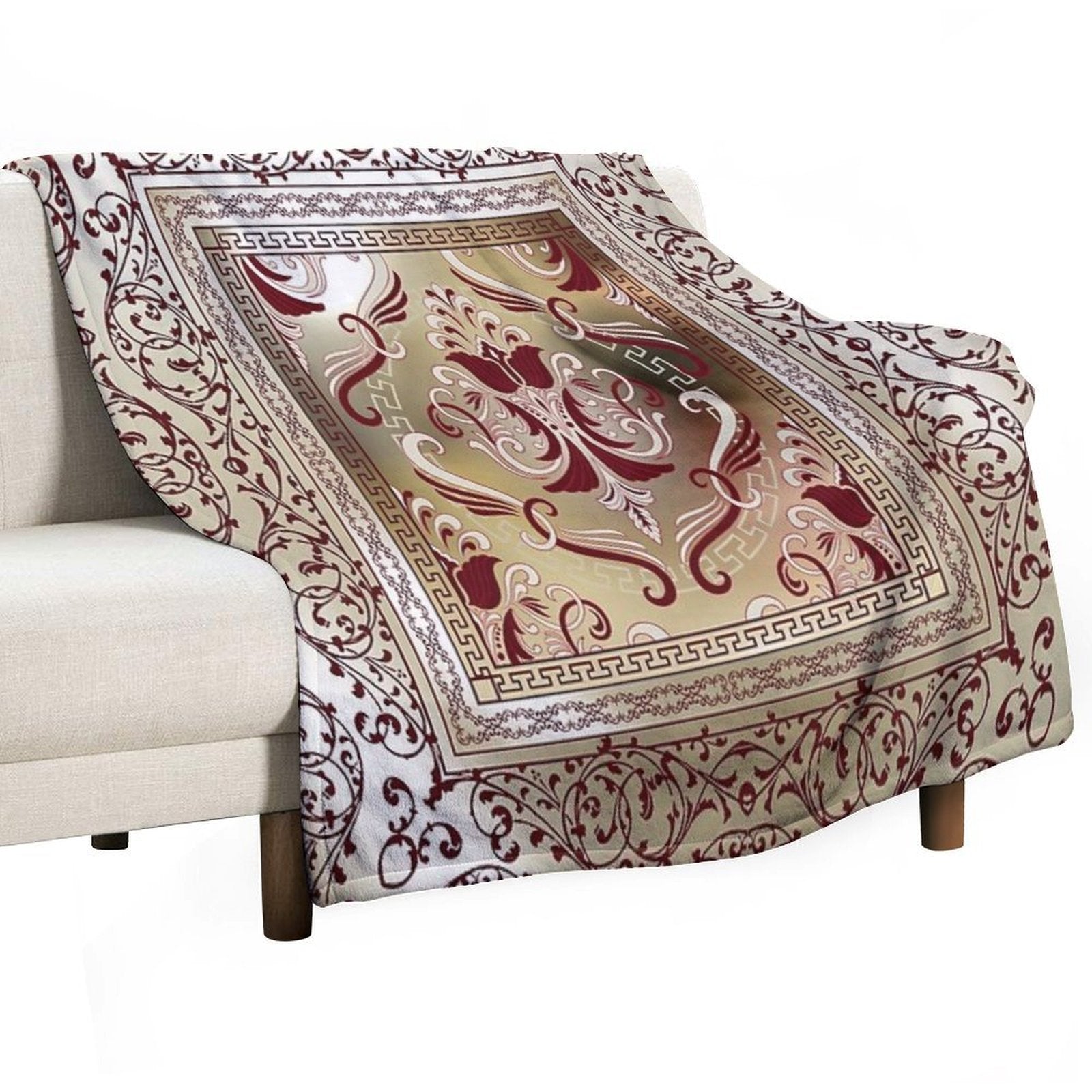 Maroon Baroque Ornate Floral Greek Key Velvety-soft Throw Blanket