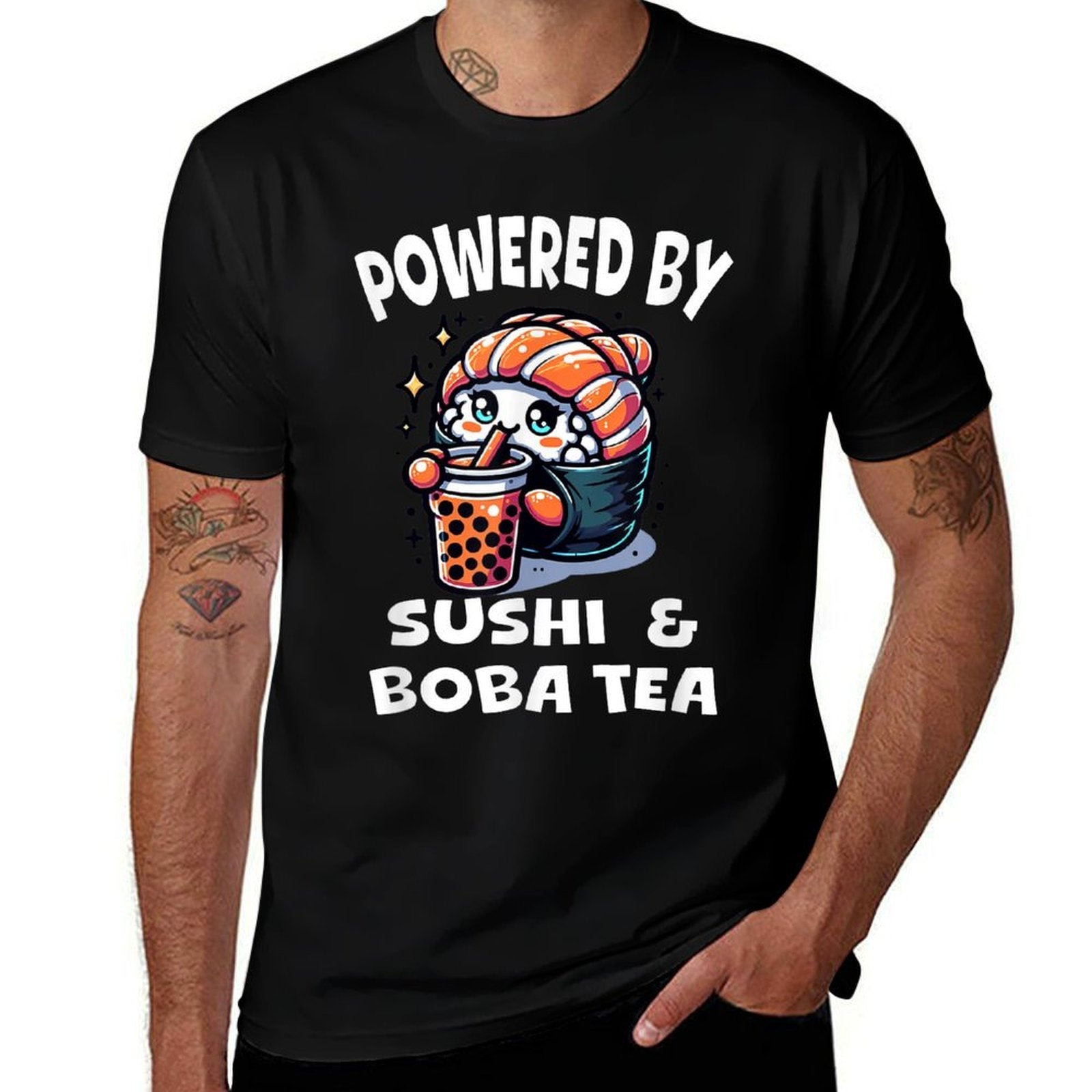 Powered By Sushi And Boba Tea Kawaii Japanese Food Anime  Wrinkle-resistant T-Shirt