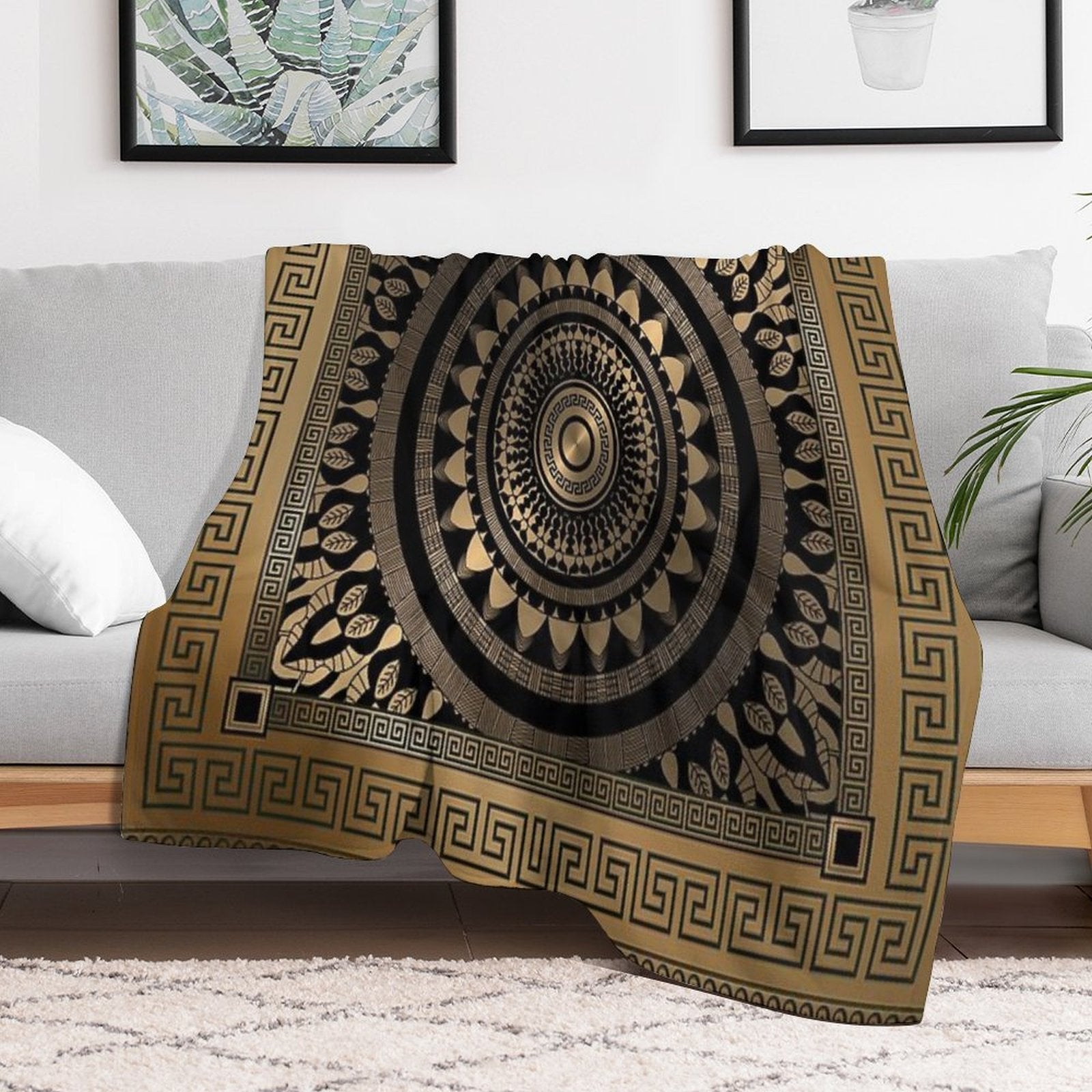 Ornate Baroque Silver Black Bronze Greek Keys Border Comfort Throw Blanket