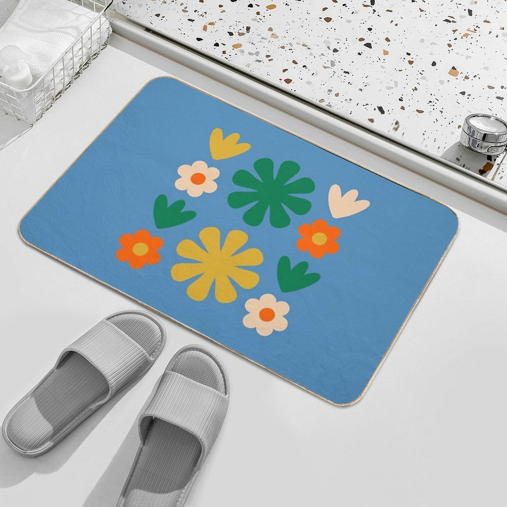 Retro Modern Scandi Flower Grid Pattern Blue Green Mustard Orange Beige  Pet-Safe Bath Mat