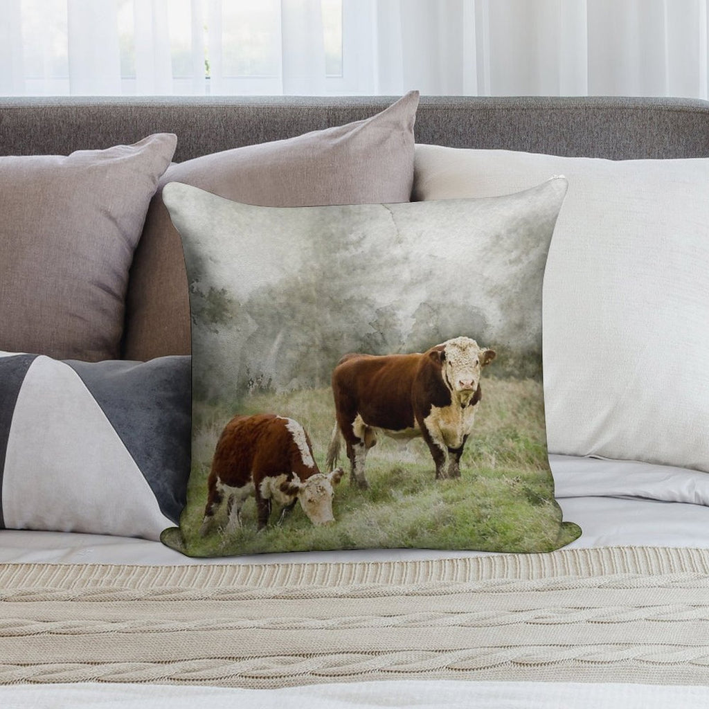 Hereford Bull And Cow Watercolour Photograph Soft Fade-Resistant Throw Pillow