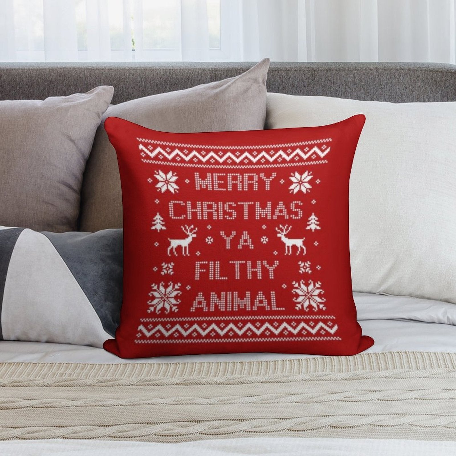 Merry Christmas Ya Filthy Animal Soft Shrink-Resistant Throw Pillow